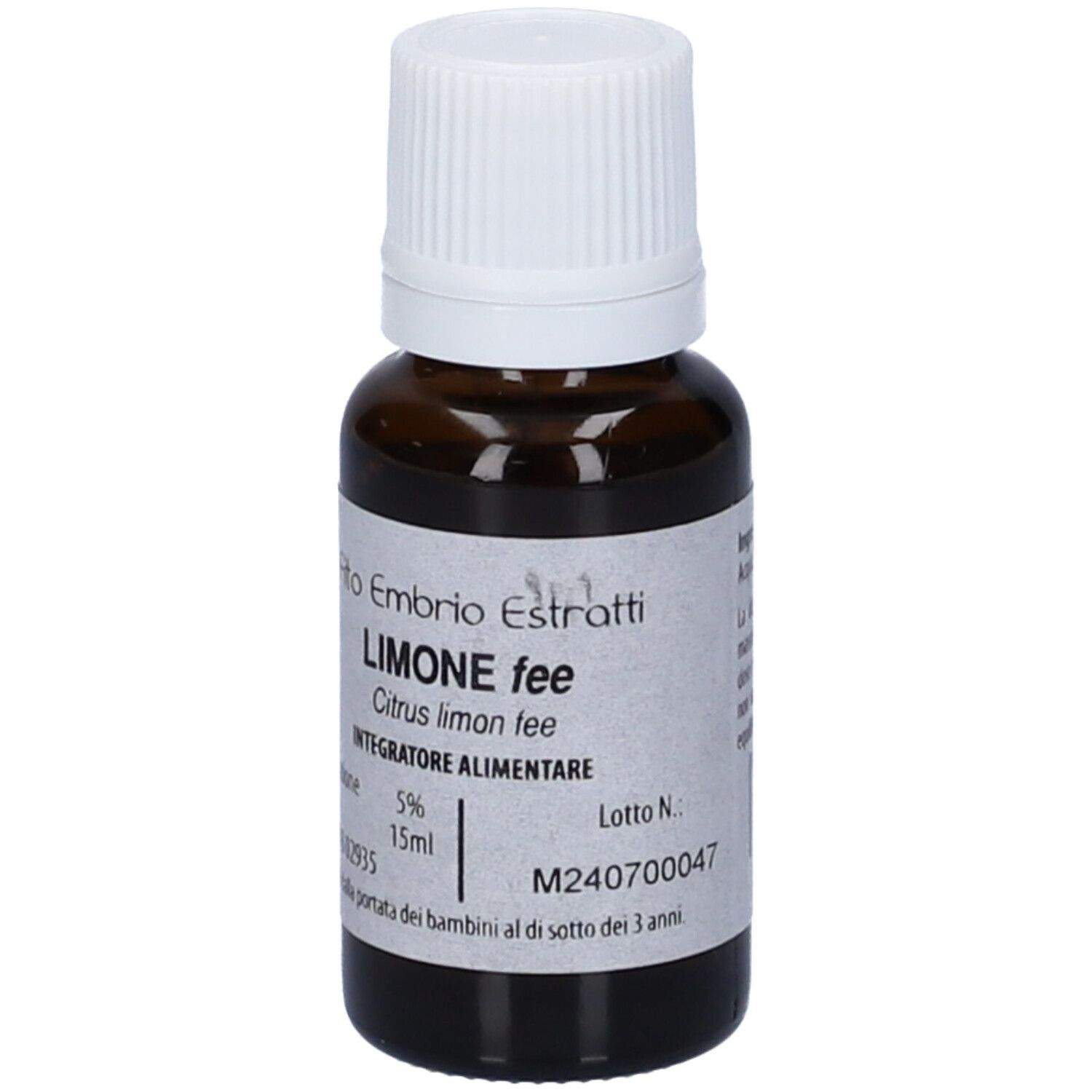 Flacone di vetro marrone con tappo bianco. Scritta: Fito Embryo Estratti LIMONE fee, 15ml.