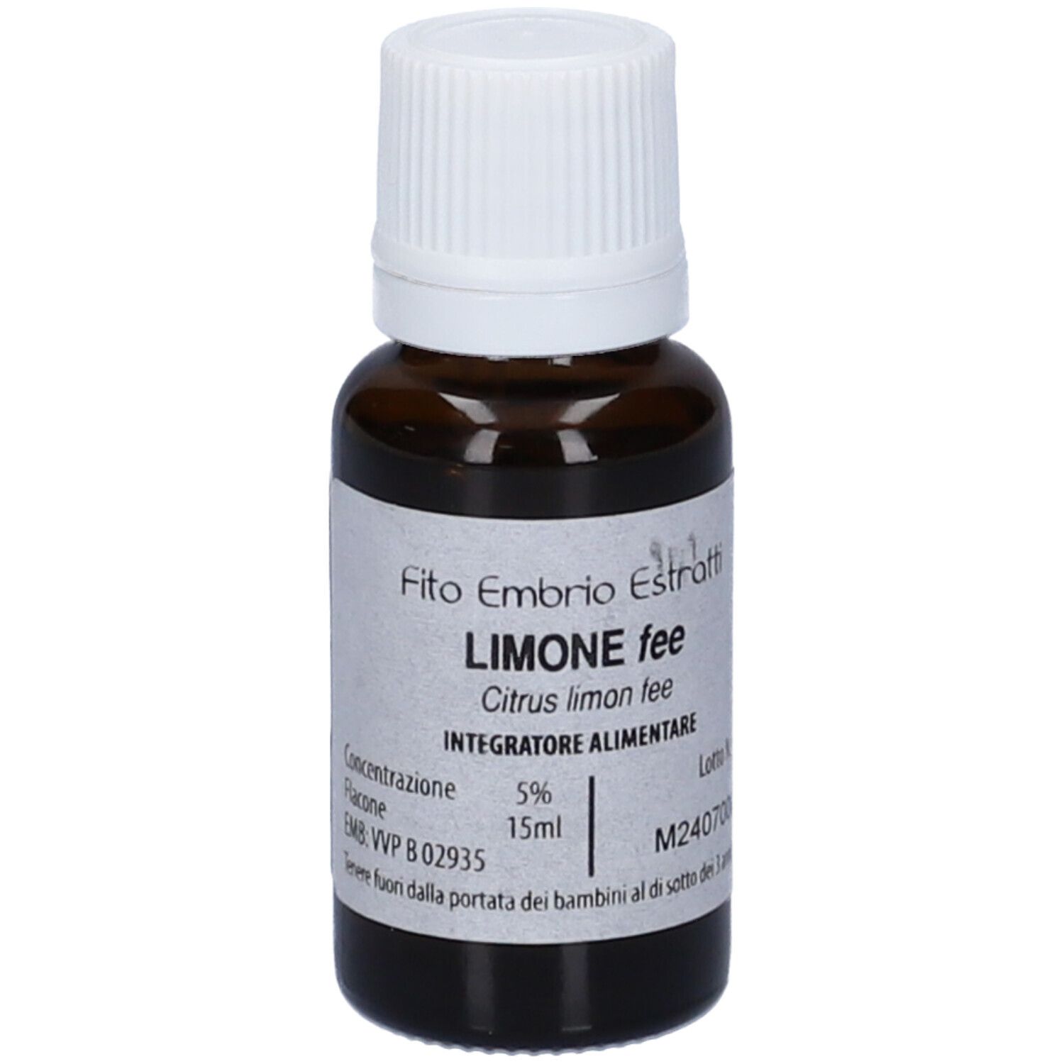Flacone di vetro marrone con tappo bianco. Scritta: Fito Embryo Estratti LIMONE fee, 15ml.