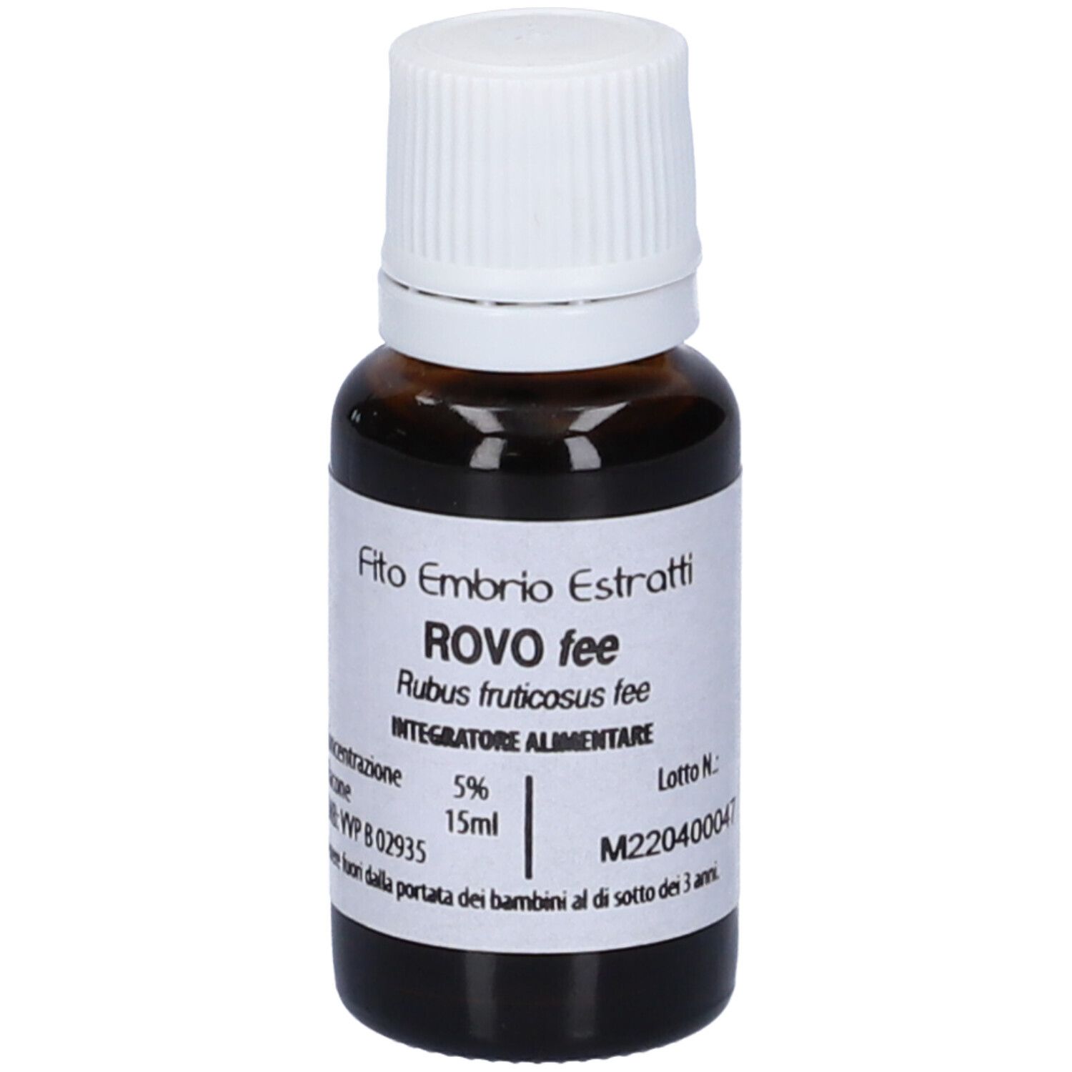Flacone di vetro marrone con tappo bianco. Scritta: ROVO fee, Fito Embryo Estratti, 15ml, 5%.