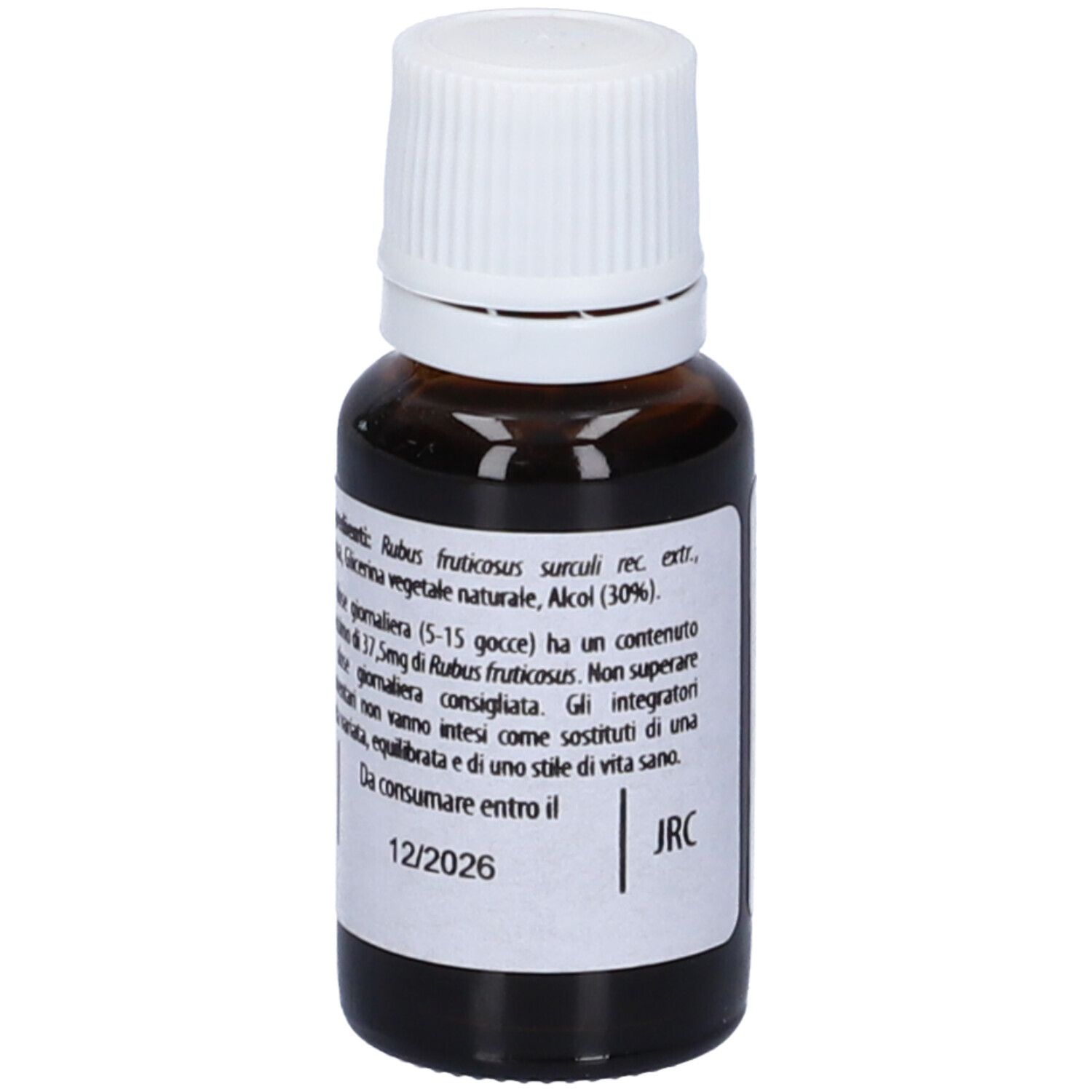 Flacone di vetro marrone con tappo bianco. Scritta: ROVO fee, Fito Embryo Estratti, 15ml, 5%.