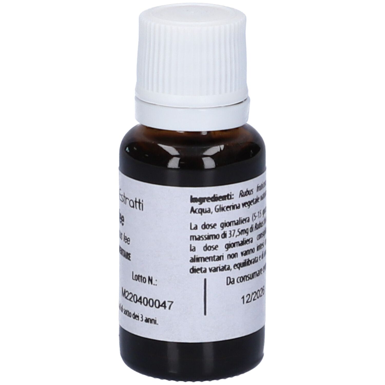 Flacone di vetro marrone con tappo bianco. Scritta: ROVO fee, Fito Embryo Estratti, 15ml, 5%.