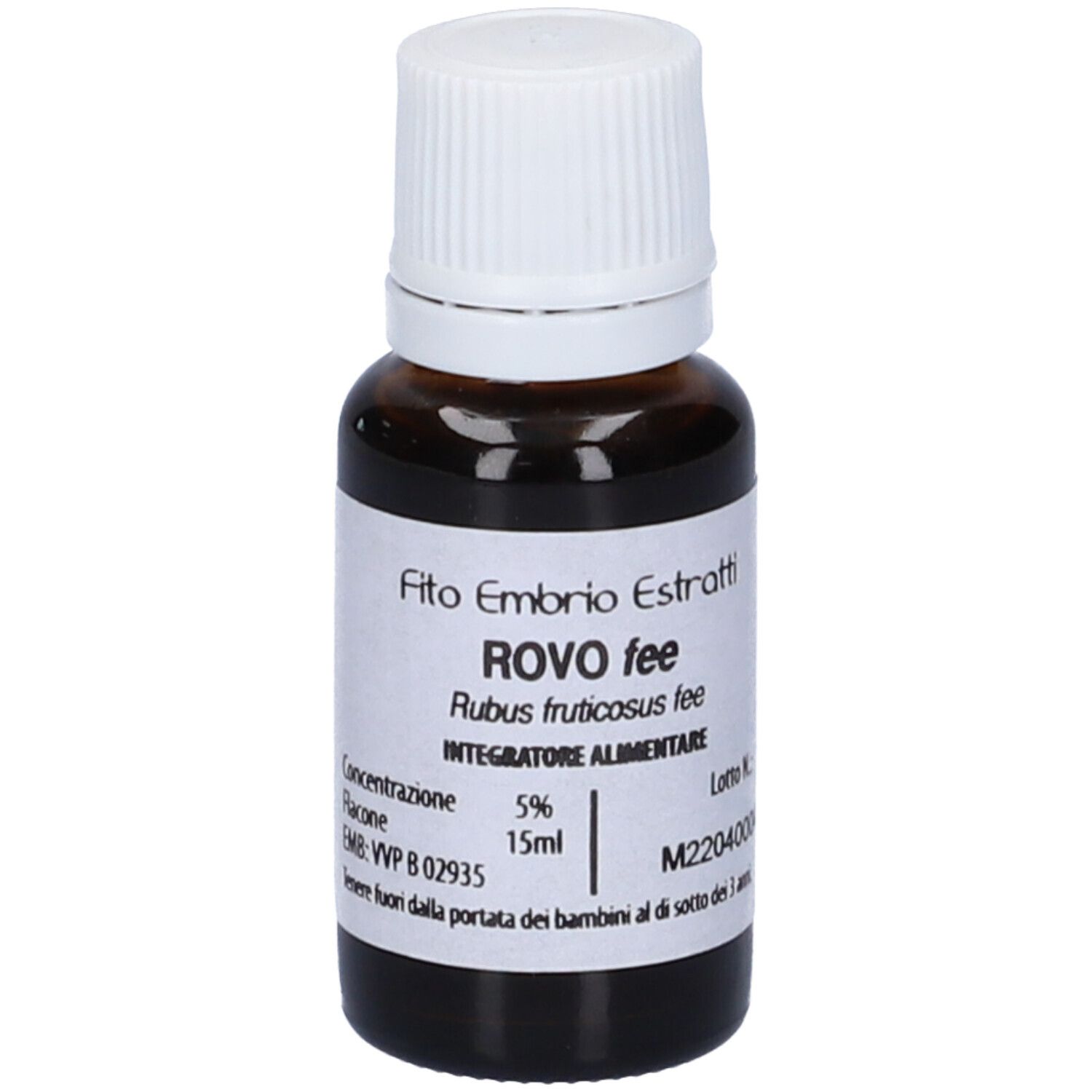 Flacone di vetro marrone con tappo bianco. Scritta: ROVO fee, Fito Embryo Estratti, 15ml, 5%.