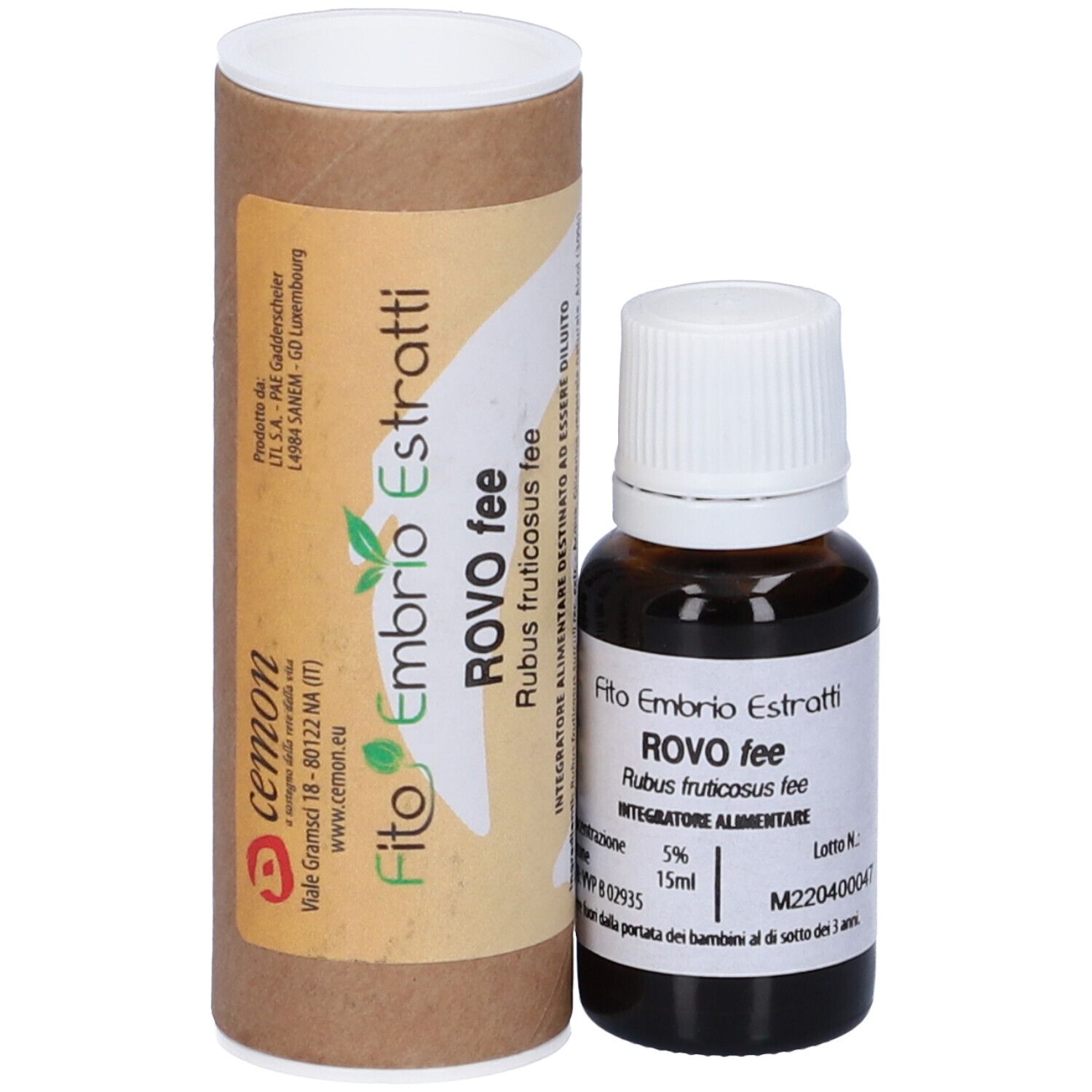 Flacone di vetro marrone con tappo bianco e confezione di cartone. Scritta: ROVO fee, Fito Embryo Estratti, 15ml, 5%.