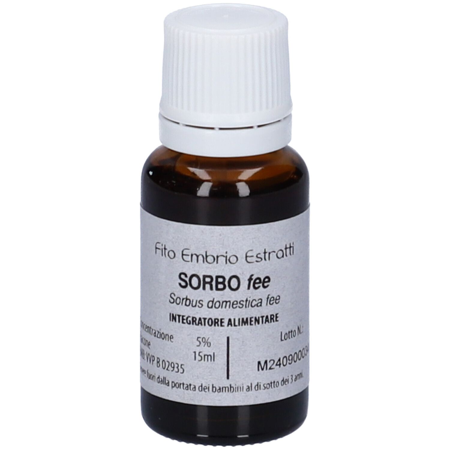 Flacone di vetro marrone con tappo bianco. Scritta: Fito Embryo Estratti, Sorbo fee, 15ml.