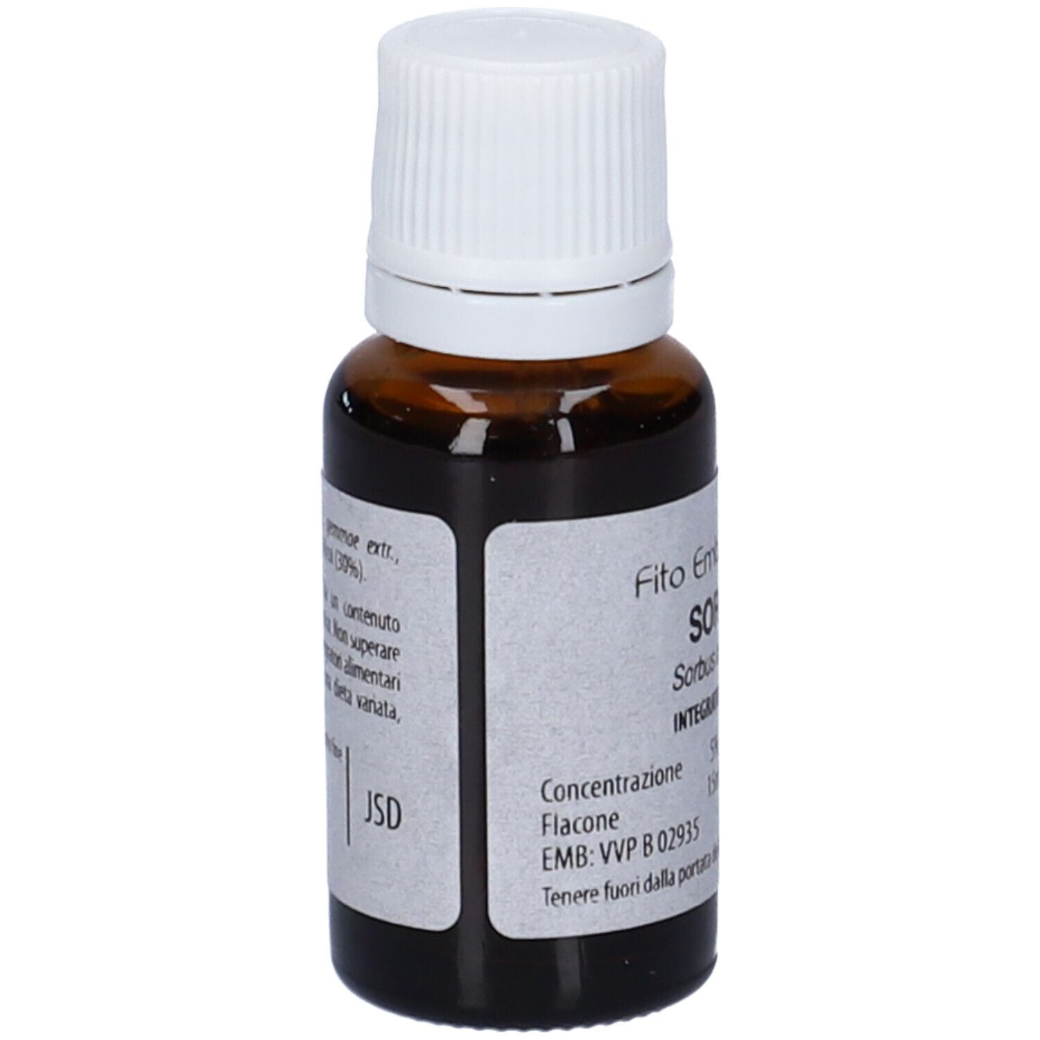 Flacone di vetro marrone con tappo bianco. Scritta: Fito Embryo Estratti, Sorbo fee, 15ml.