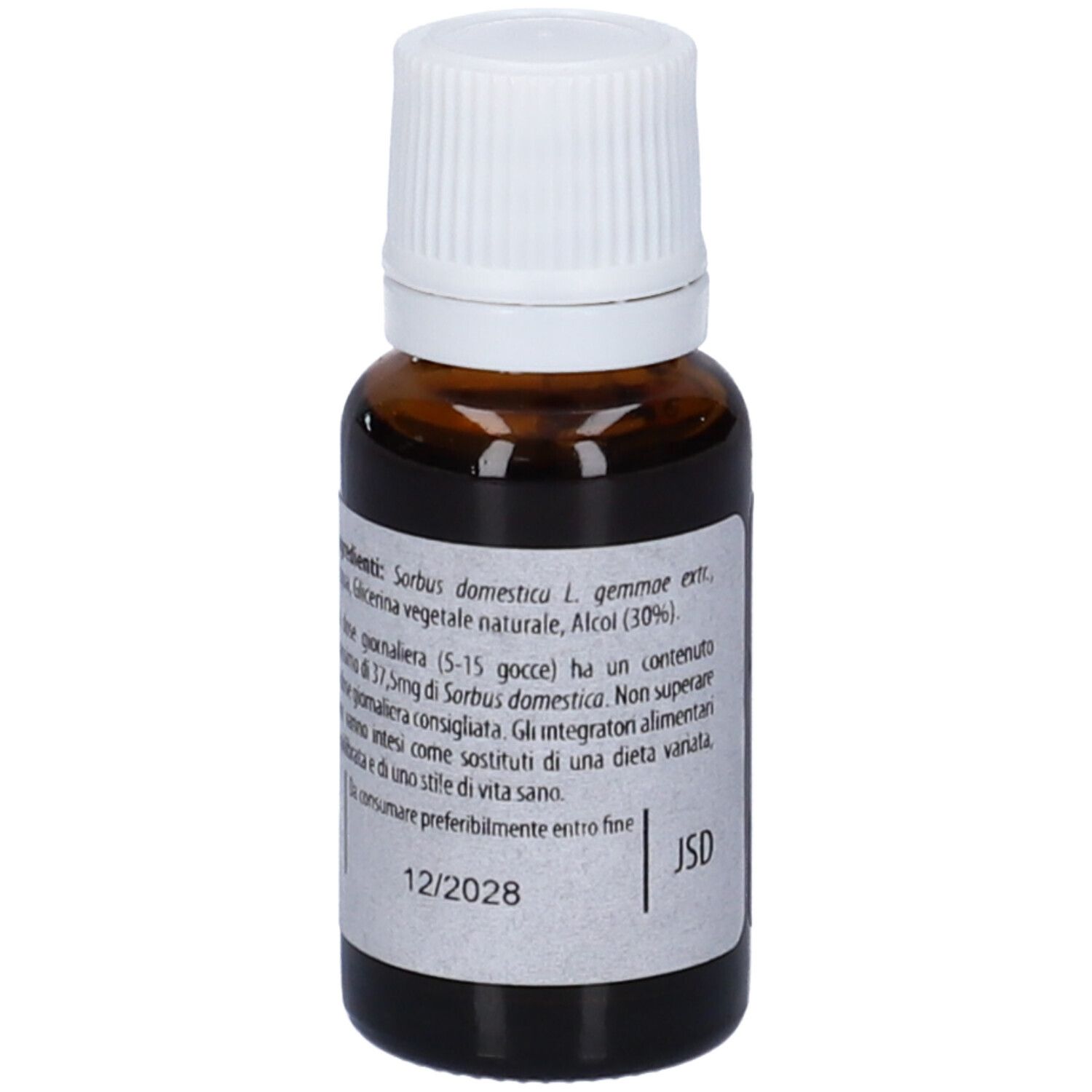 Flacone di vetro marrone con tappo bianco. Scritta: Fito Embryo Estratti, Sorbo fee, 15ml.