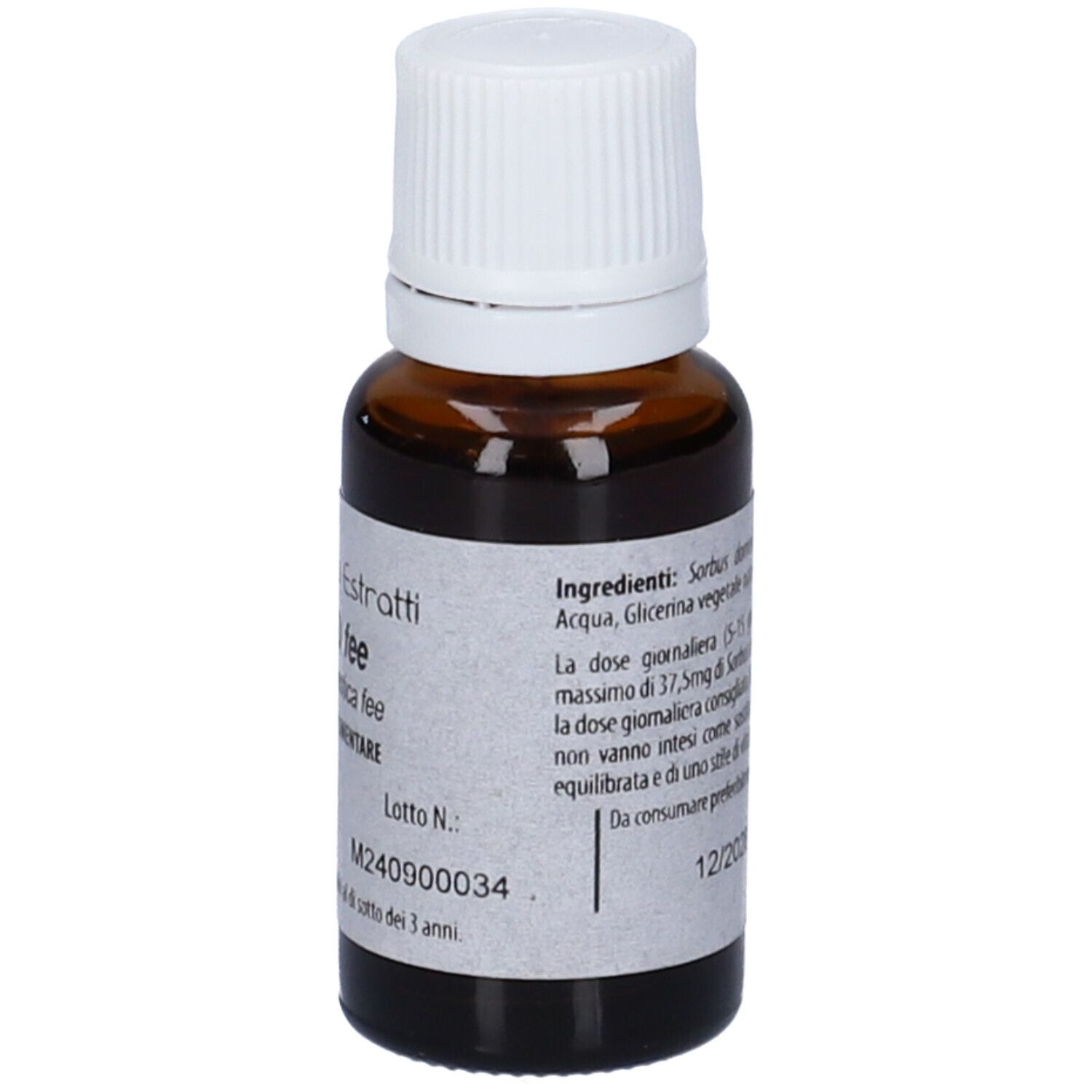 Flacone di vetro marrone con tappo bianco. Scritta: Fito Embryo Estratti, Sorbo fee, 15ml.