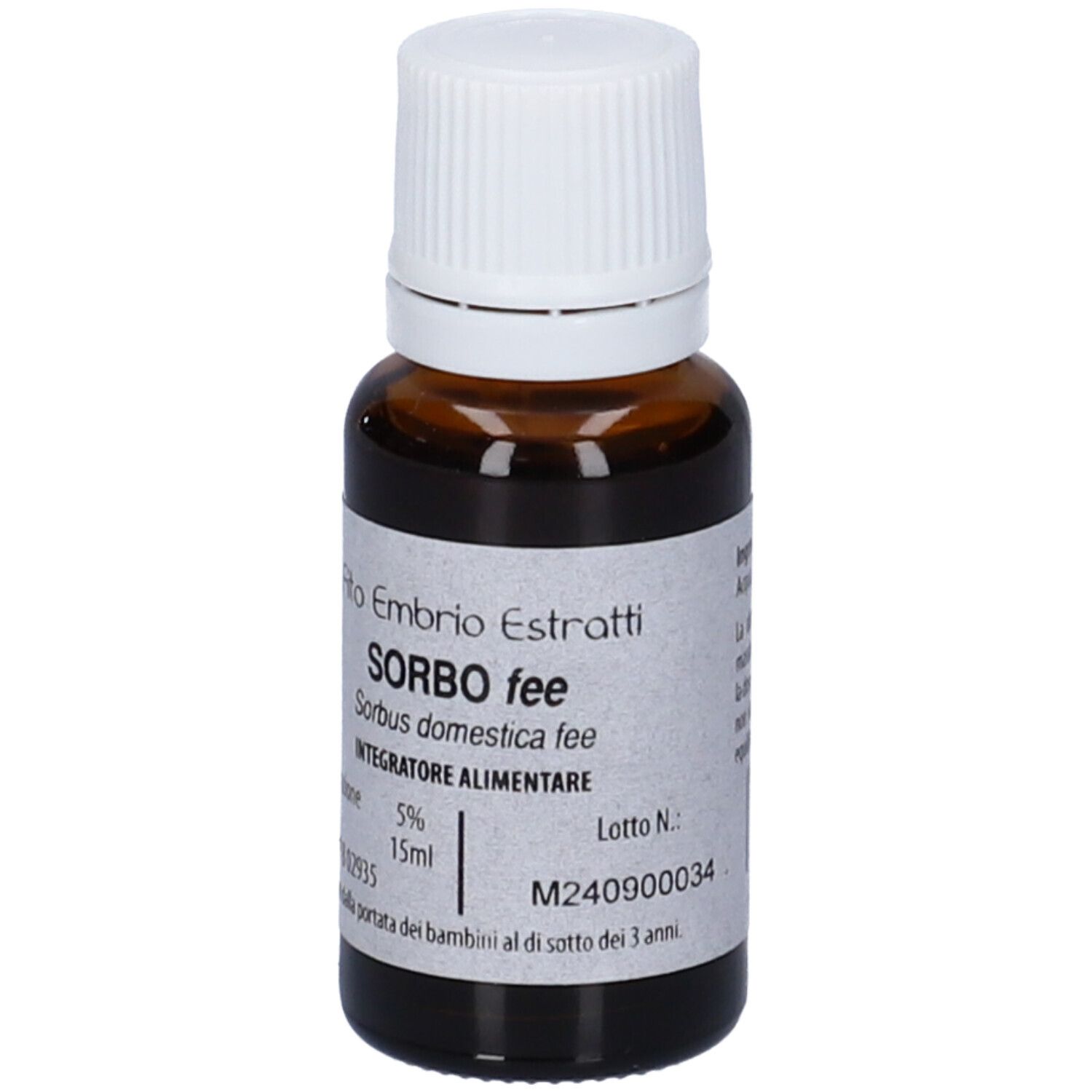 Flacone di vetro marrone con tappo bianco. Scritta: Fito Embryo Estratti, Sorbo fee, 15ml.