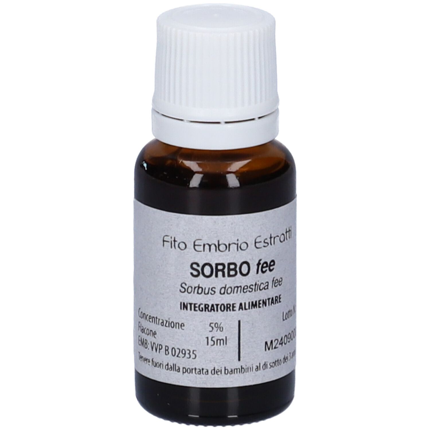 Flacone di vetro marrone con tappo bianco. Scritta: Fito Embryo Estratti, Sorbo fee, 15ml.