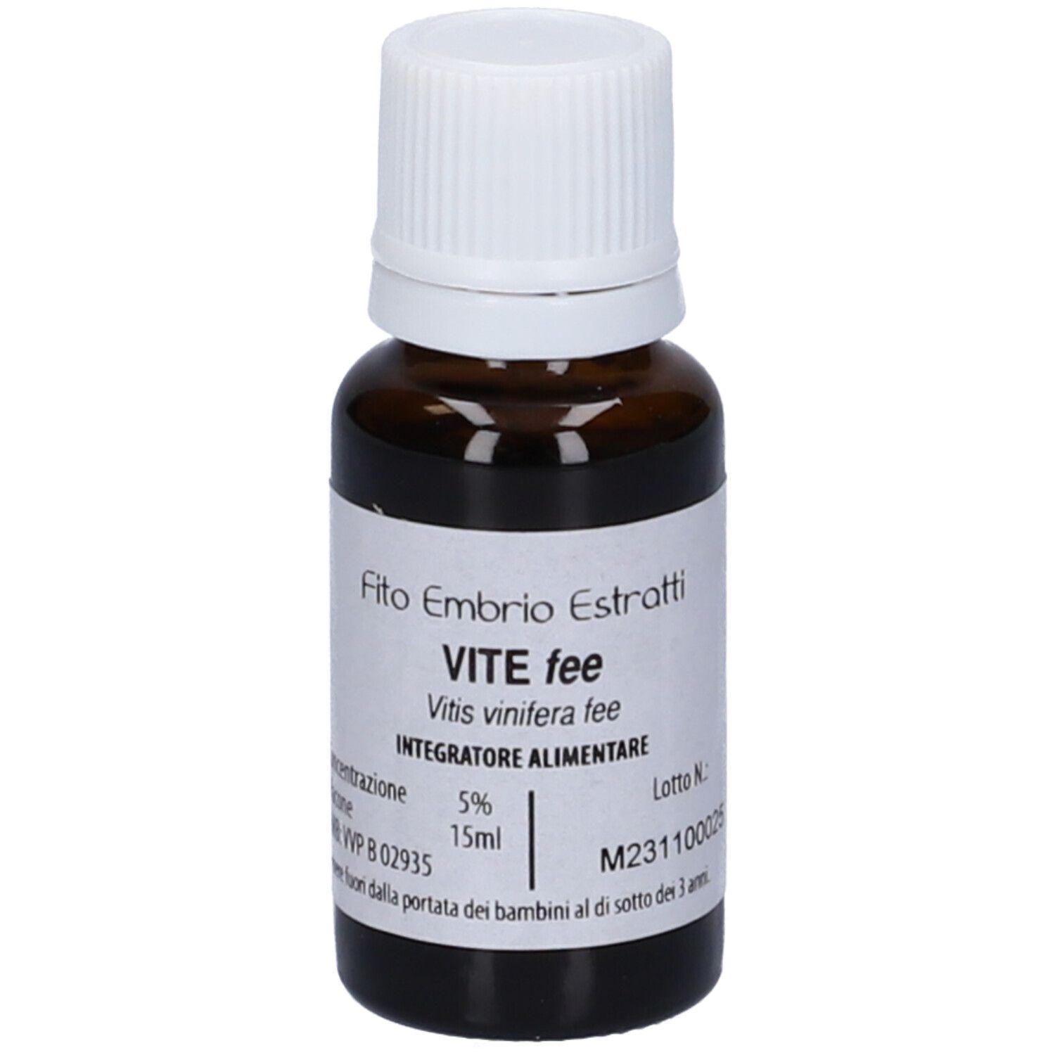 Flacone di vetro marrone con tappo bianco. Scritta: Fito Embryo Estratti VITE fee, 15ml.