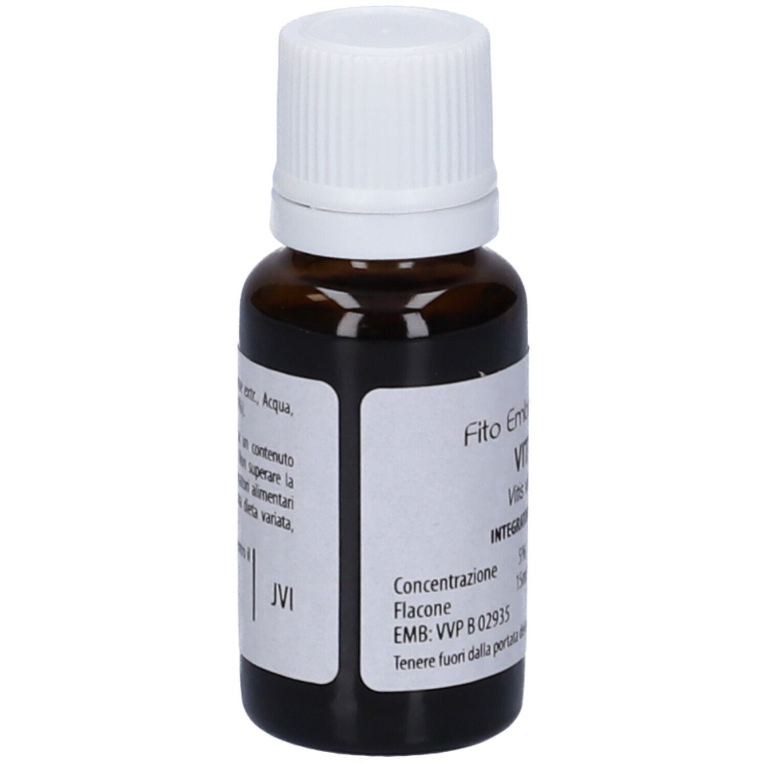 Flacone di vetro marrone con tappo bianco. Scritta: Fito Embryo Estratti VITE fee, 15ml. Testo sul retro.