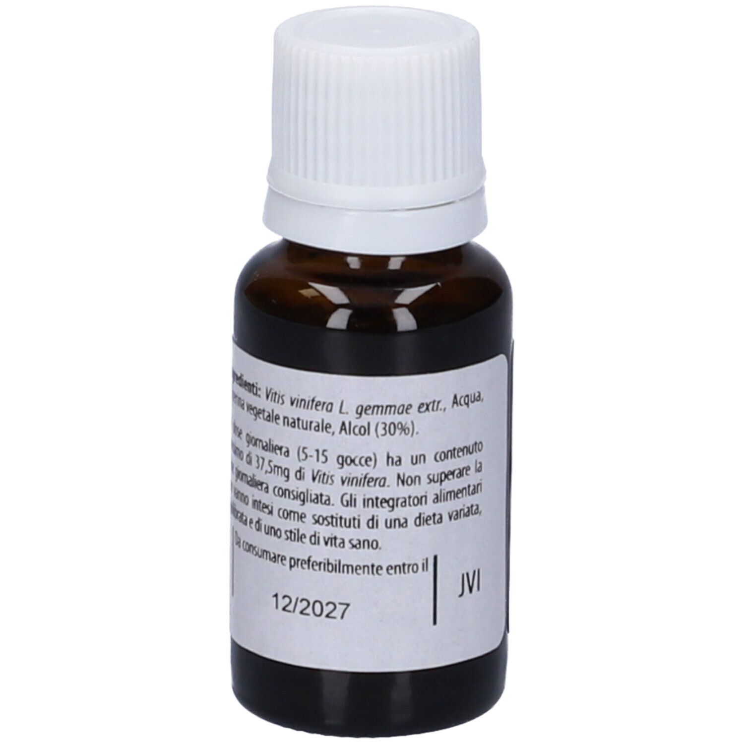 Flacone di vetro marrone con tappo bianco. Scritta: Fito Embryo Estratti VITE fee, 15ml. Testo e data sul retro.