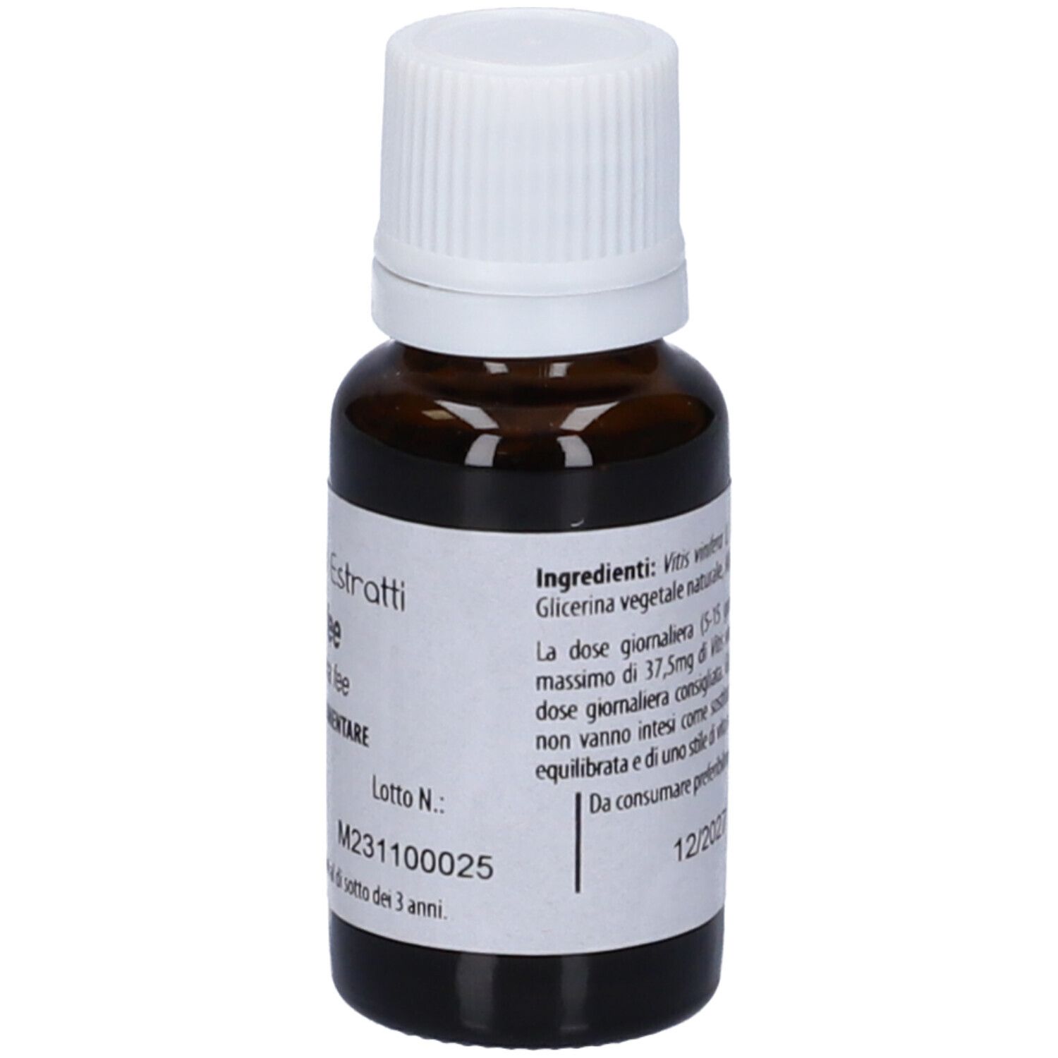 Flacone di vetro marrone con tappo bianco. Scritta: Fito Embryo Estratti VITE fee, 15ml. Testo e data sul retro.