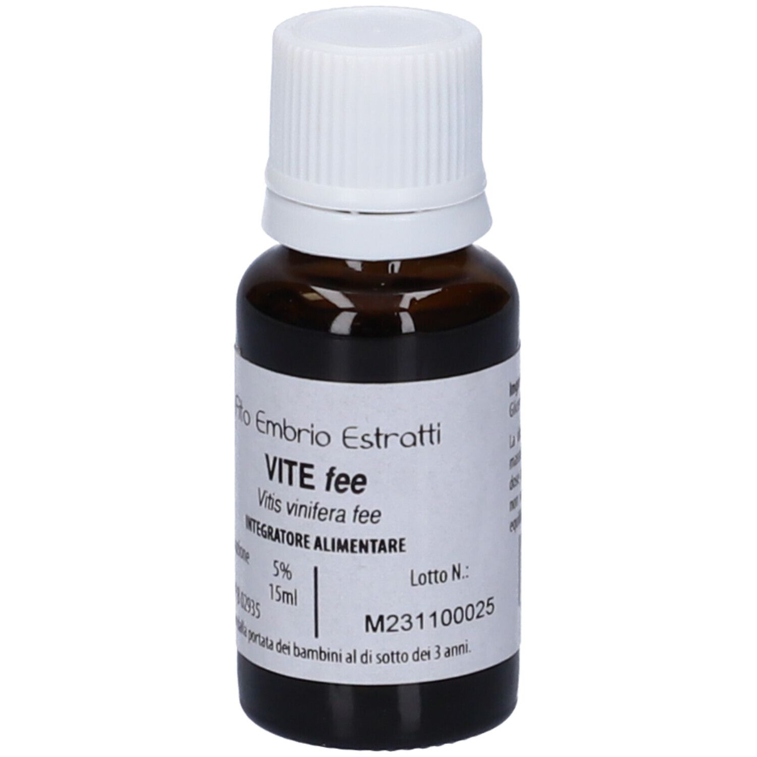 Flacone di vetro marrone con tappo bianco. Scritta: Fito Embryo Estratti VITE fee, 15ml.