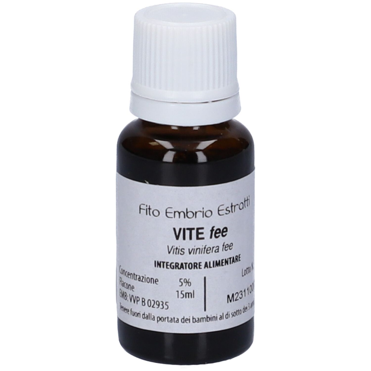 Flacone di vetro marrone con tappo bianco. Scritta: Fito Embryo Estratti VITE fee, 15ml.