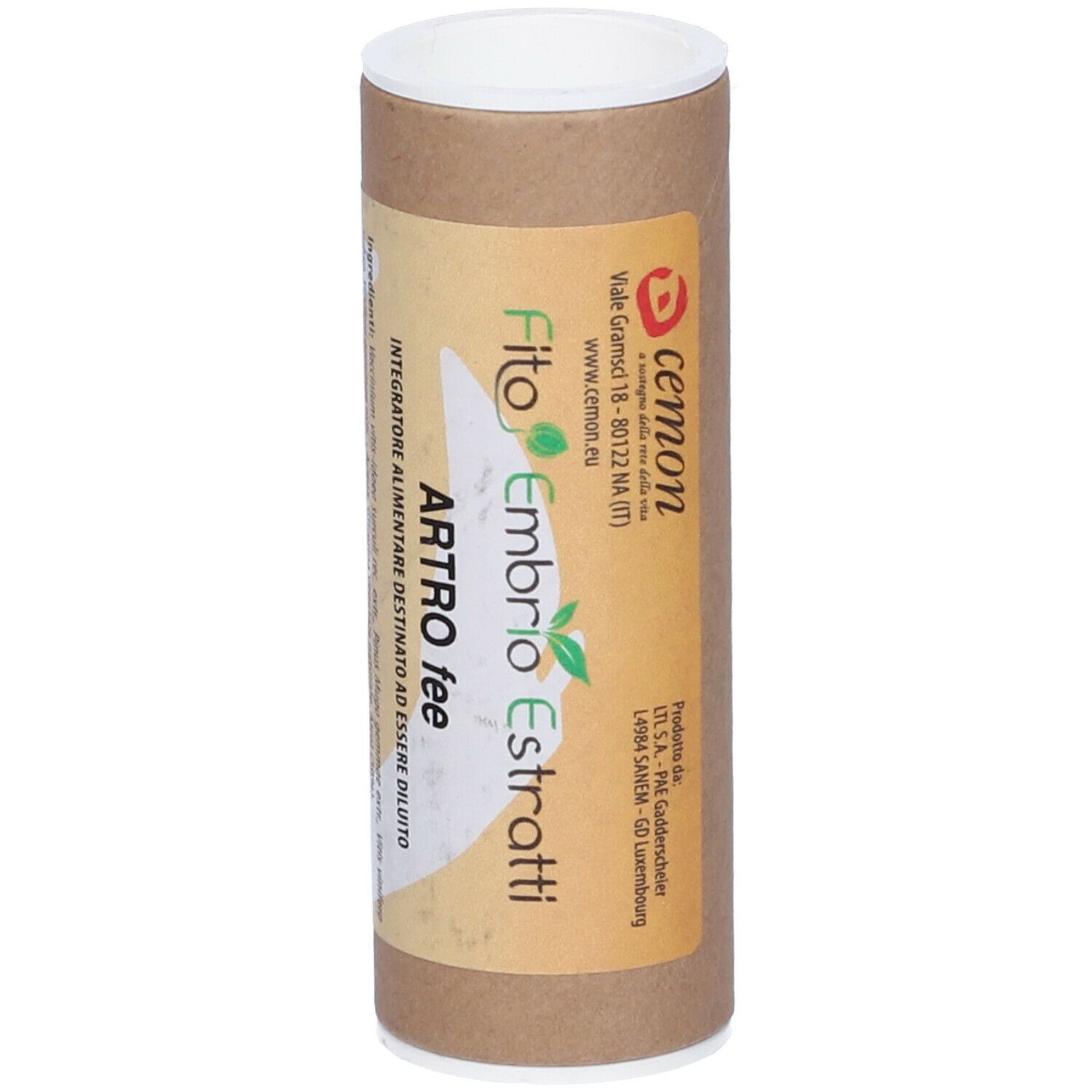 Tubo di cartone marrone con coperchio bianco. Scritta: Fito Embryo Estratti, ARTO fee. Informazioni produttore e logo.