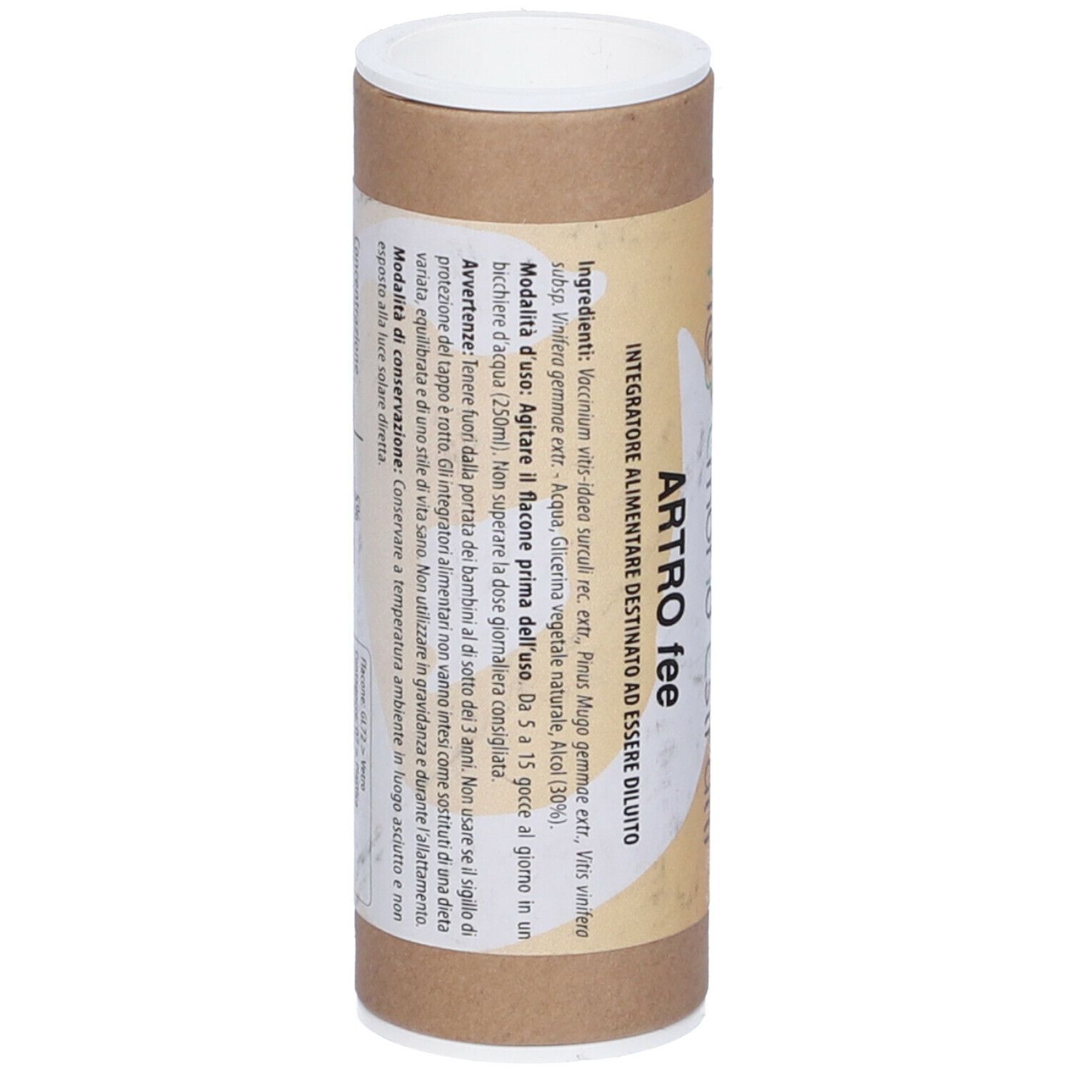 Tubo di cartone marrone con coperchio bianco. Scritta: Fito Embryo Estratti, ARTO fee. Ingredienti e istruzioni per l'uso.