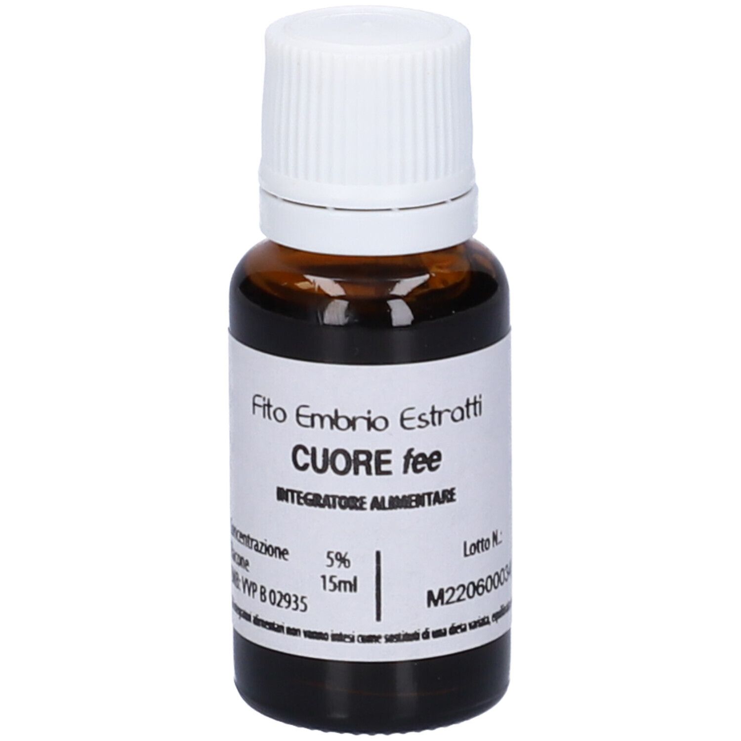 Flacone di vetro marrone con tappo bianco. Scritta: Fito Embryo Estratti, Cuore fee, 15ml, 5%.
