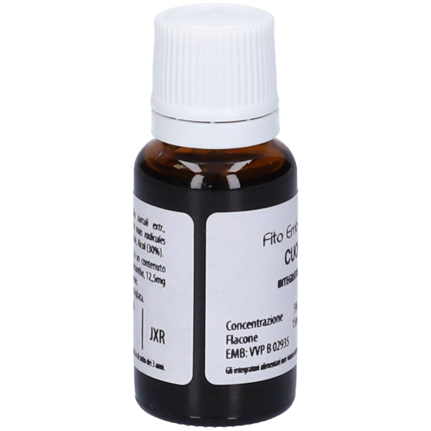 Flacone di vetro marrone con tappo bianco. Scritta: Fito Embryo Estratti, Cuore fee, 15ml, 5%.