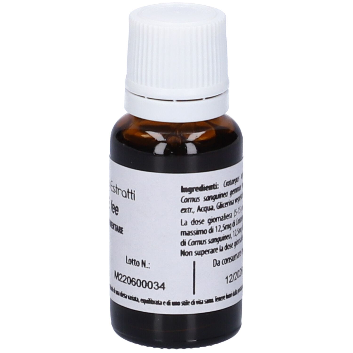 Flacone di vetro marrone con tappo bianco. Scritta: Fito Embryo Estratti, Cuore fee, 15ml, 5%.