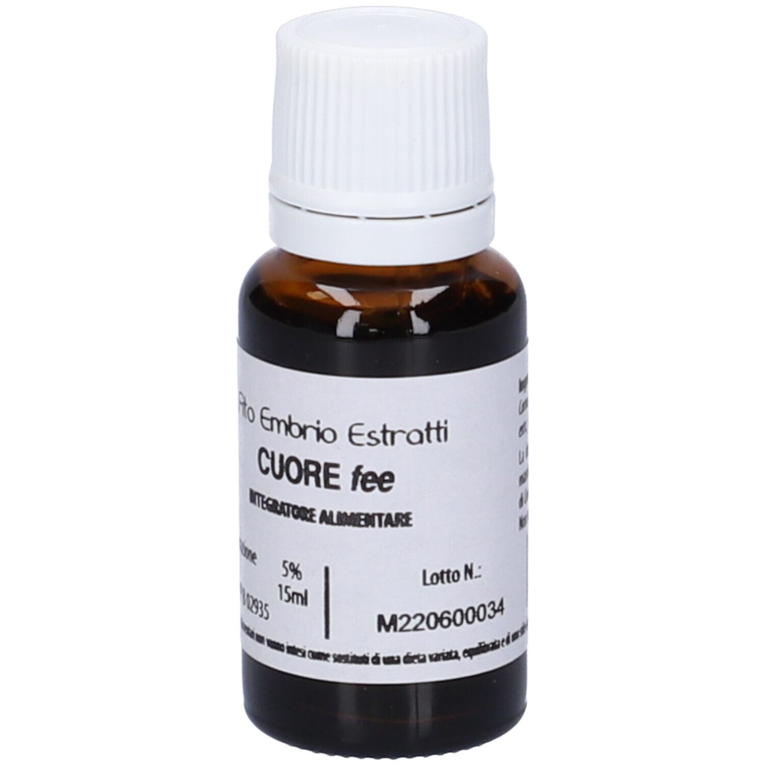 Flacone di vetro marrone con tappo bianco. Scritta: Fito Embryo Estratti, Cuore fee, 15ml, 5%.