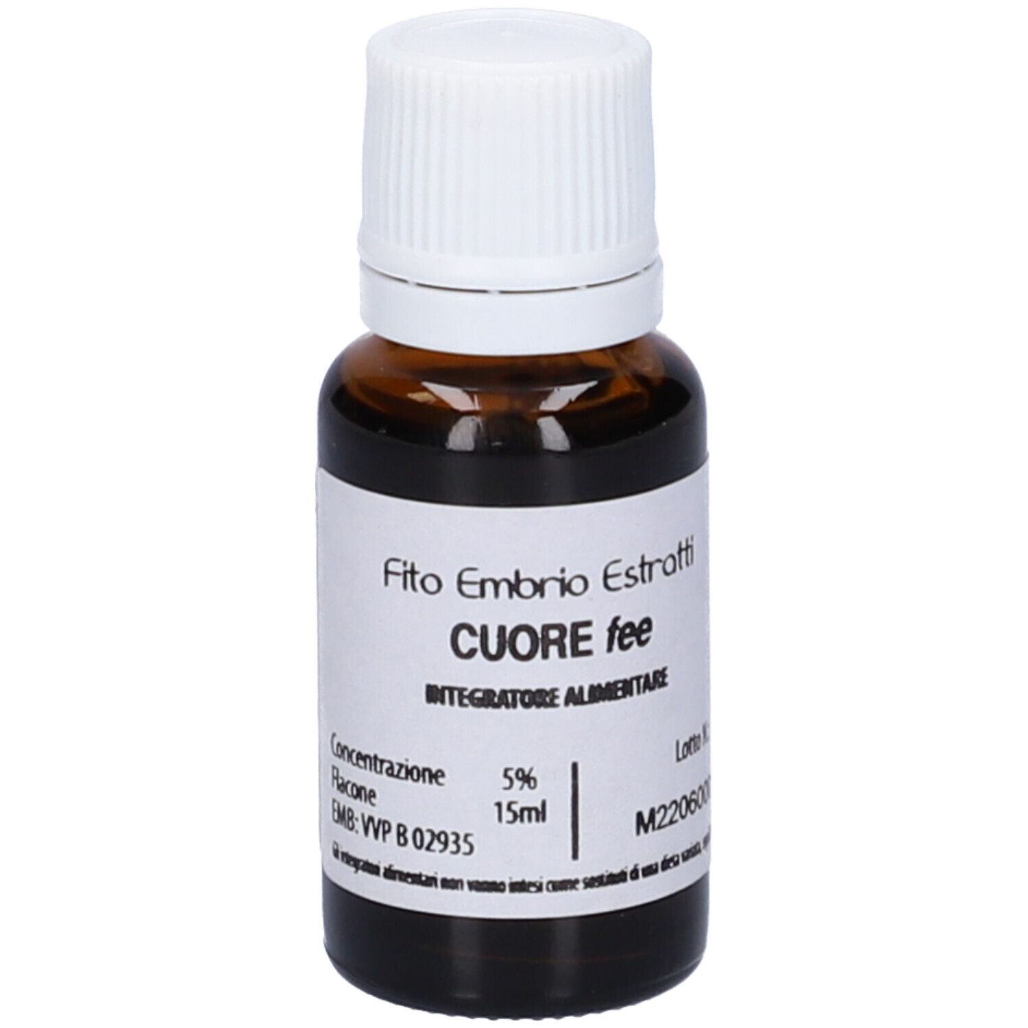 Flacone di vetro marrone con tappo bianco. Scritta: Fito Embryo Estratti, Cuore fee, 15ml, 5%.