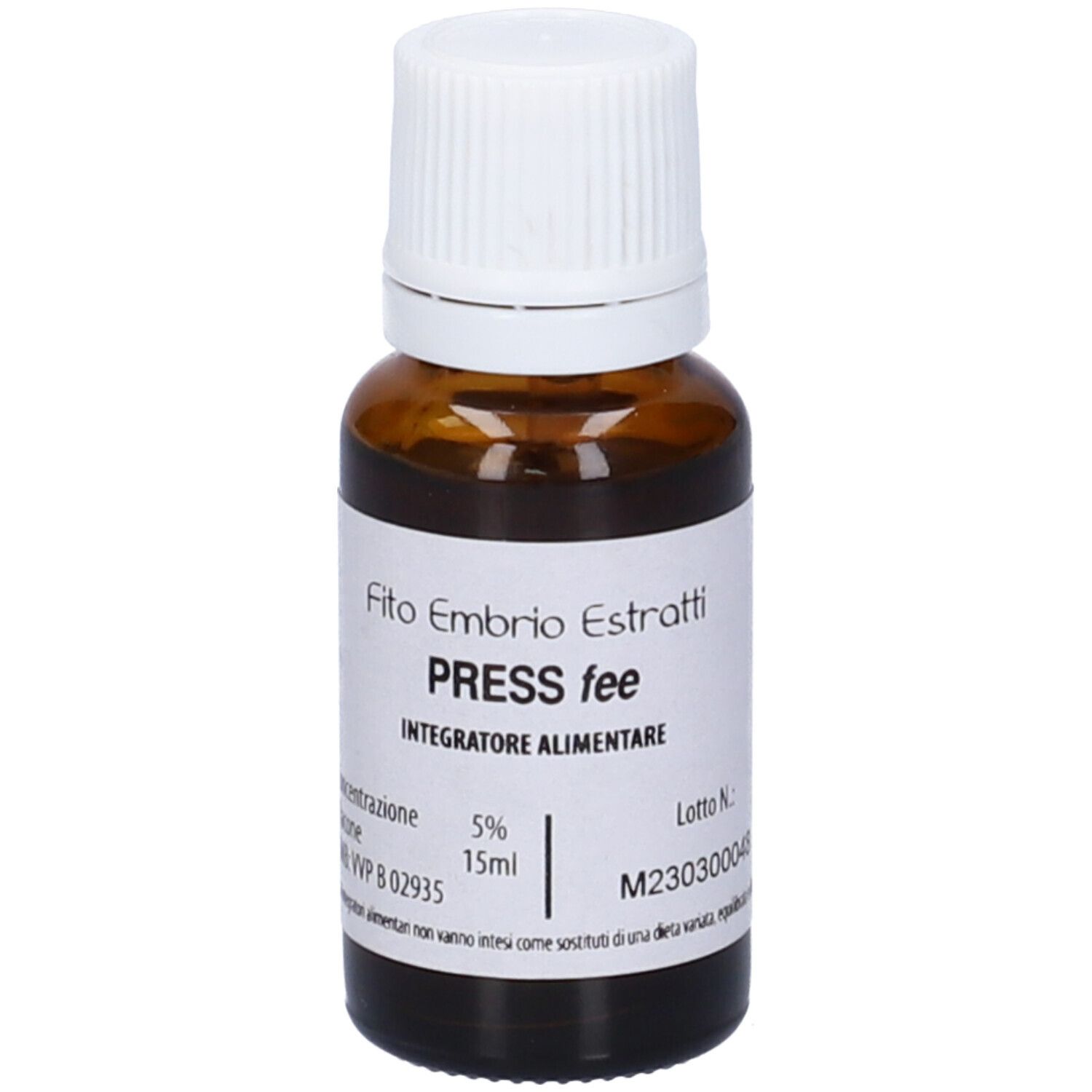Flacone di vetro marrone con tappo bianco. Scritta: Fito Embryo Estratti, PRESS fee, 15ml, 5%.