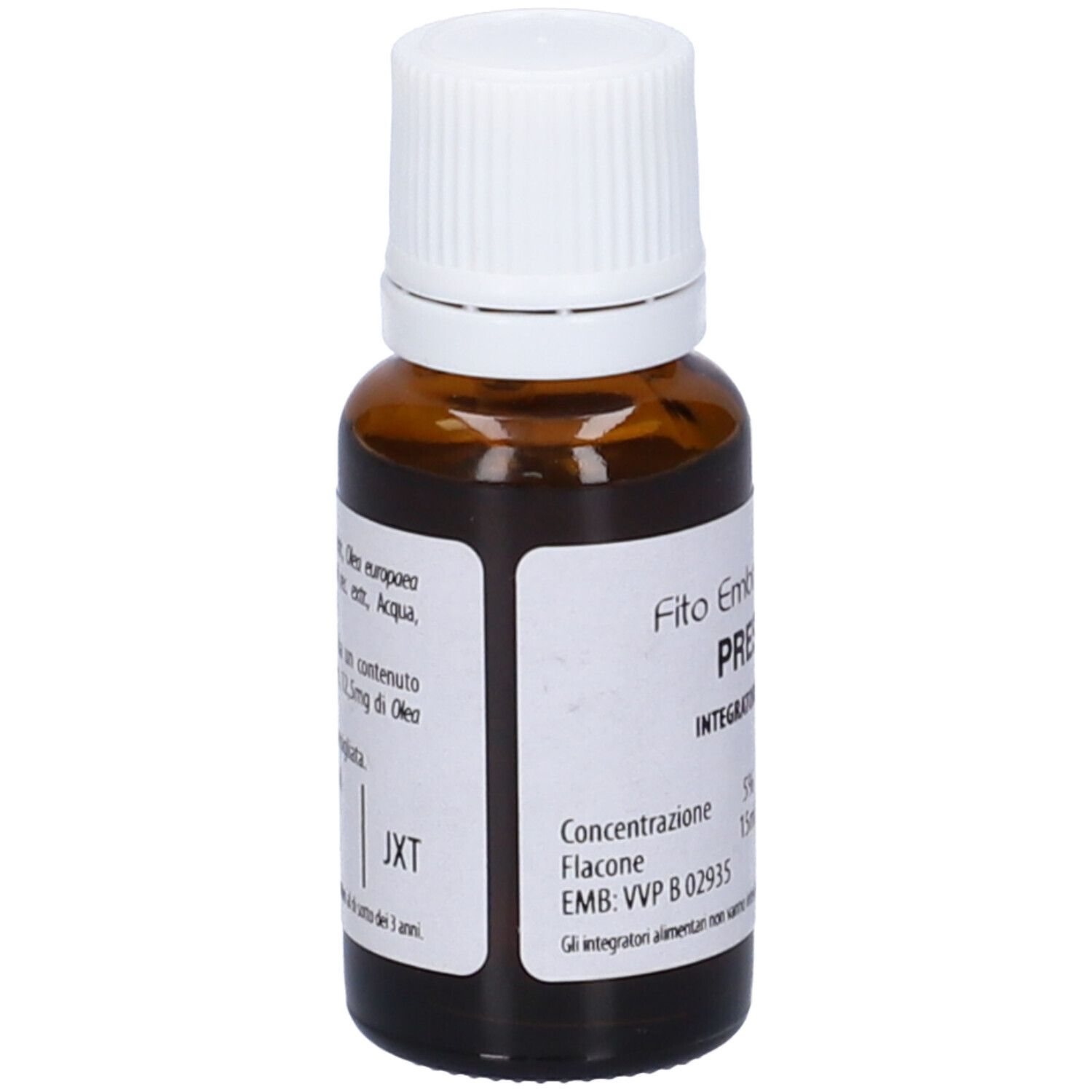 Flacone di vetro marrone con tappo bianco. Scritta: Fito Embryo Estratti, 15ml, 5%.