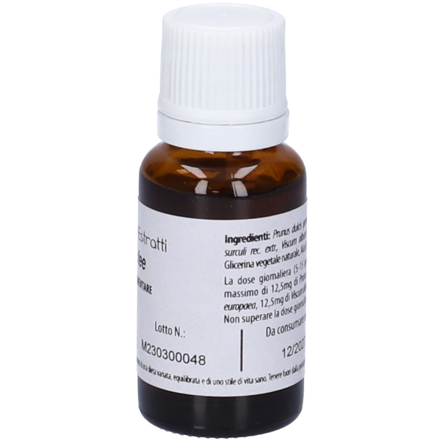 Flacone di vetro marrone con tappo bianco. Scritta: Fito Embryo Estratti, 15ml, 5%, da consumare entro 12/2027.