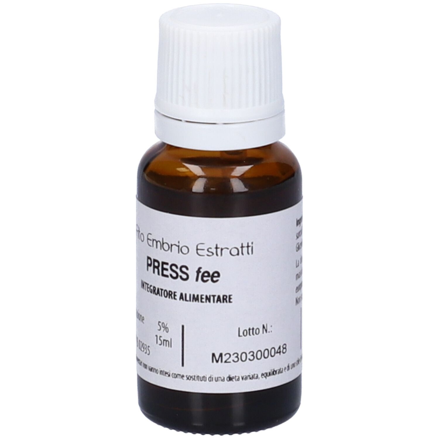 Flacone di vetro marrone con tappo bianco. Scritta: Fito Embryo Estratti, PRESS fee, 15ml, 5%.