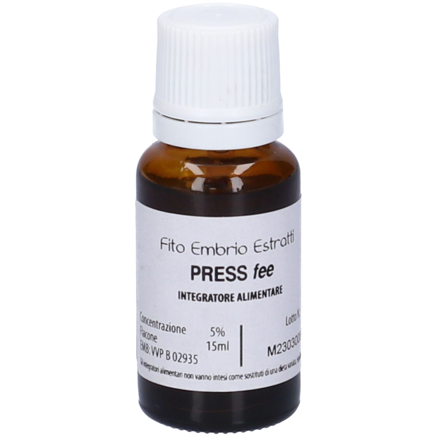 Flacone di vetro marrone con tappo bianco. Scritta: Fito Embryo Estratti, PRESS fee, 15ml, 5%.
