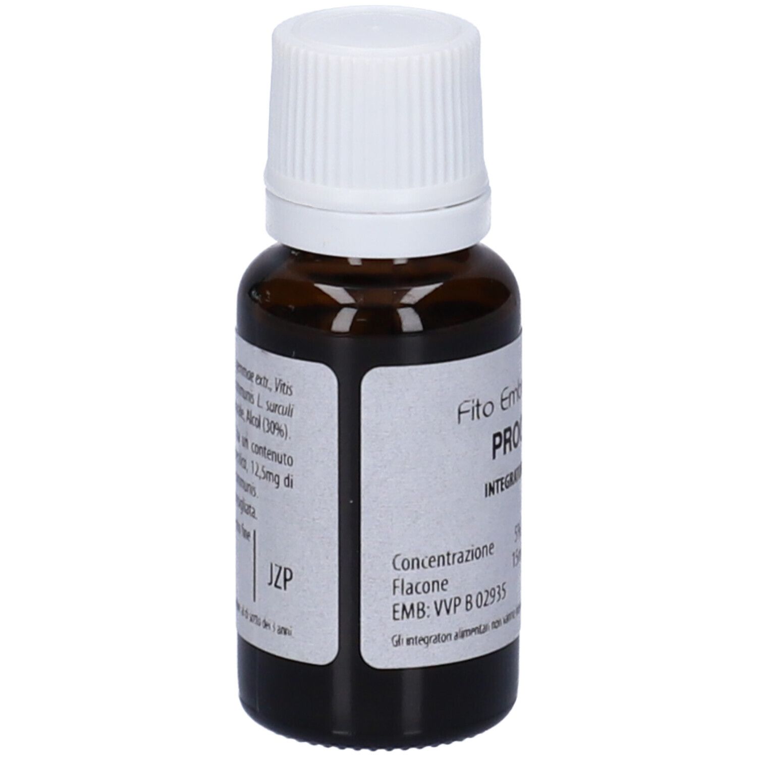 Flacone di vetro marrone con tappo bianco ed etichetta. L'etichetta riporta "Fito Embryo Estratti PROGES fee".