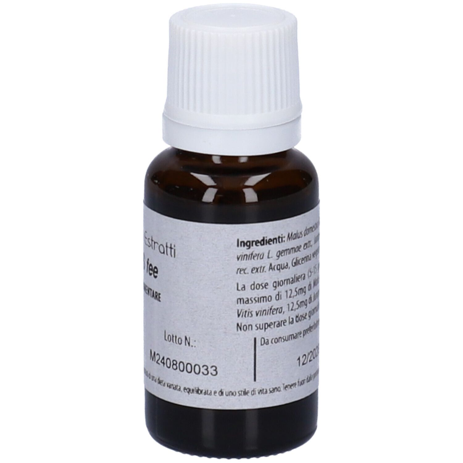 Flacone di vetro marrone con tappo bianco ed etichetta. L'etichetta riporta "Fito Embryo Estratti PROGES fee".