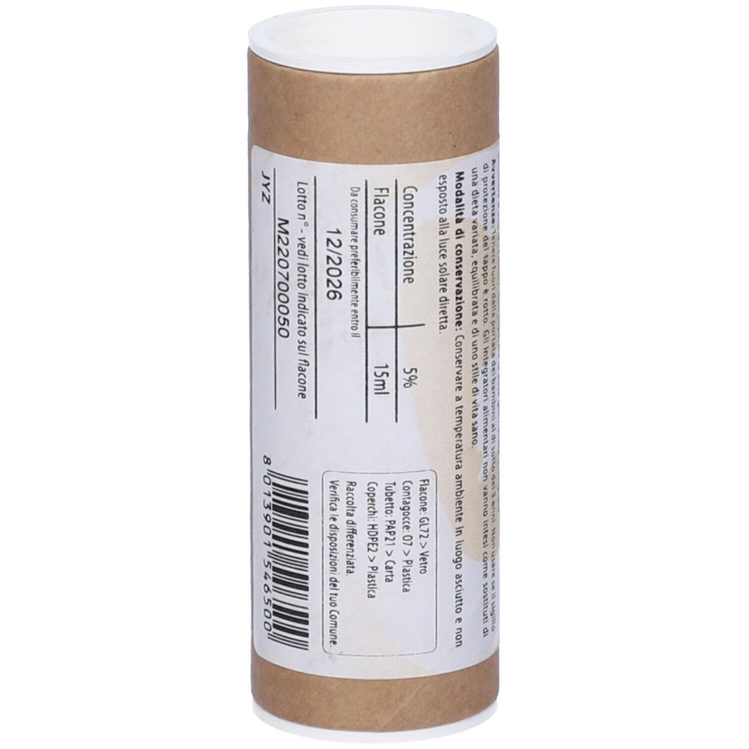 Tubo di cartone marrone con coperchio bianco. Scritta: "15ml". Informazioni su concentrazione e numero di lotto.
