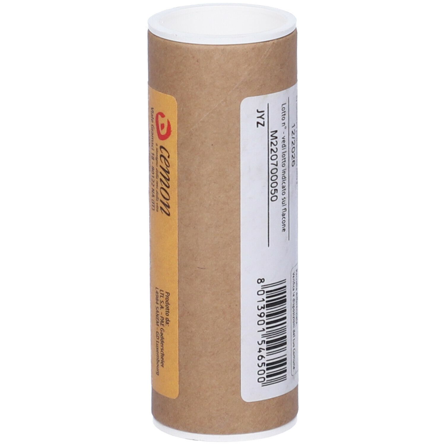 Tubo di cartone marrone con coperchio bianco. Stampa con numero di lotto e codice a barre.