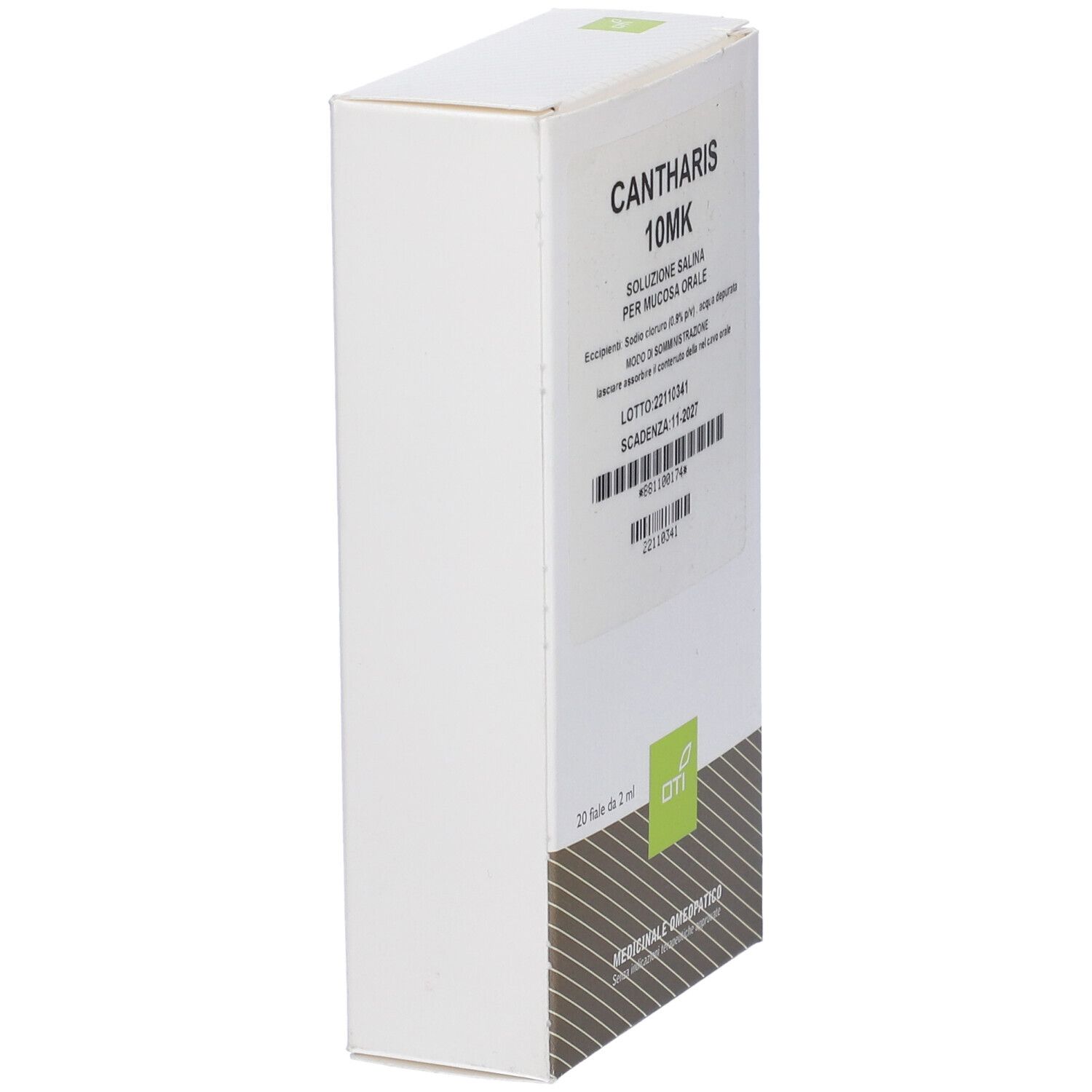 Vista laterale di scatola bianca. Testo: Cantharis 10MK. Logo OTI. 20 fiale da 2 ml. Scadenza 11-2027.
