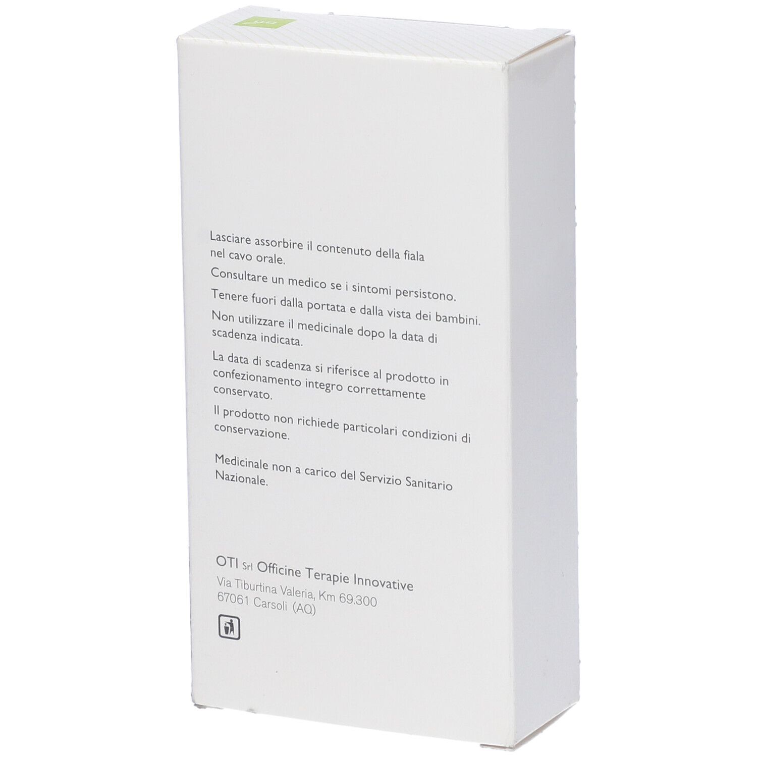 Retro scatola bianca con testo. Logo OTI. Indirizzo: Via Tiburtina Valeria Km 69300, 67061 Carsoli (AQ).
