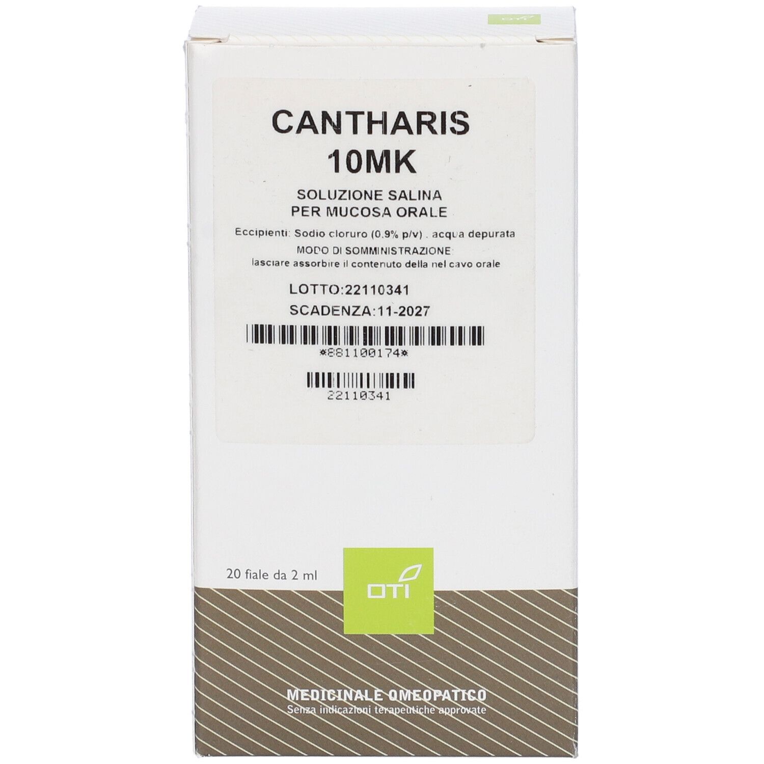 Scatola bianca con testo. Cantharis 10MK, 20 fiale da 2 ml. Logo OTI. Scadenza 11-2027.