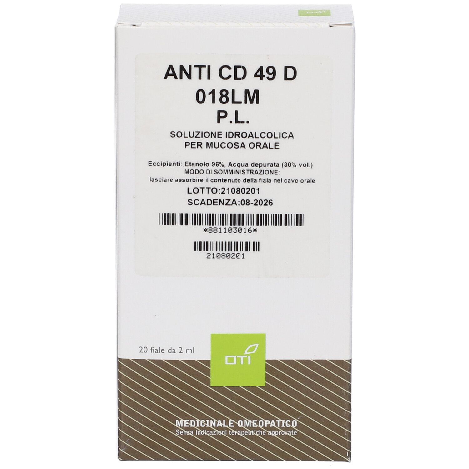 Scatola bianca con informazioni prodotto. Testo: Anti CD 49 D 018LM P.L. Soluzione per mucosa orale. 20 fiale.