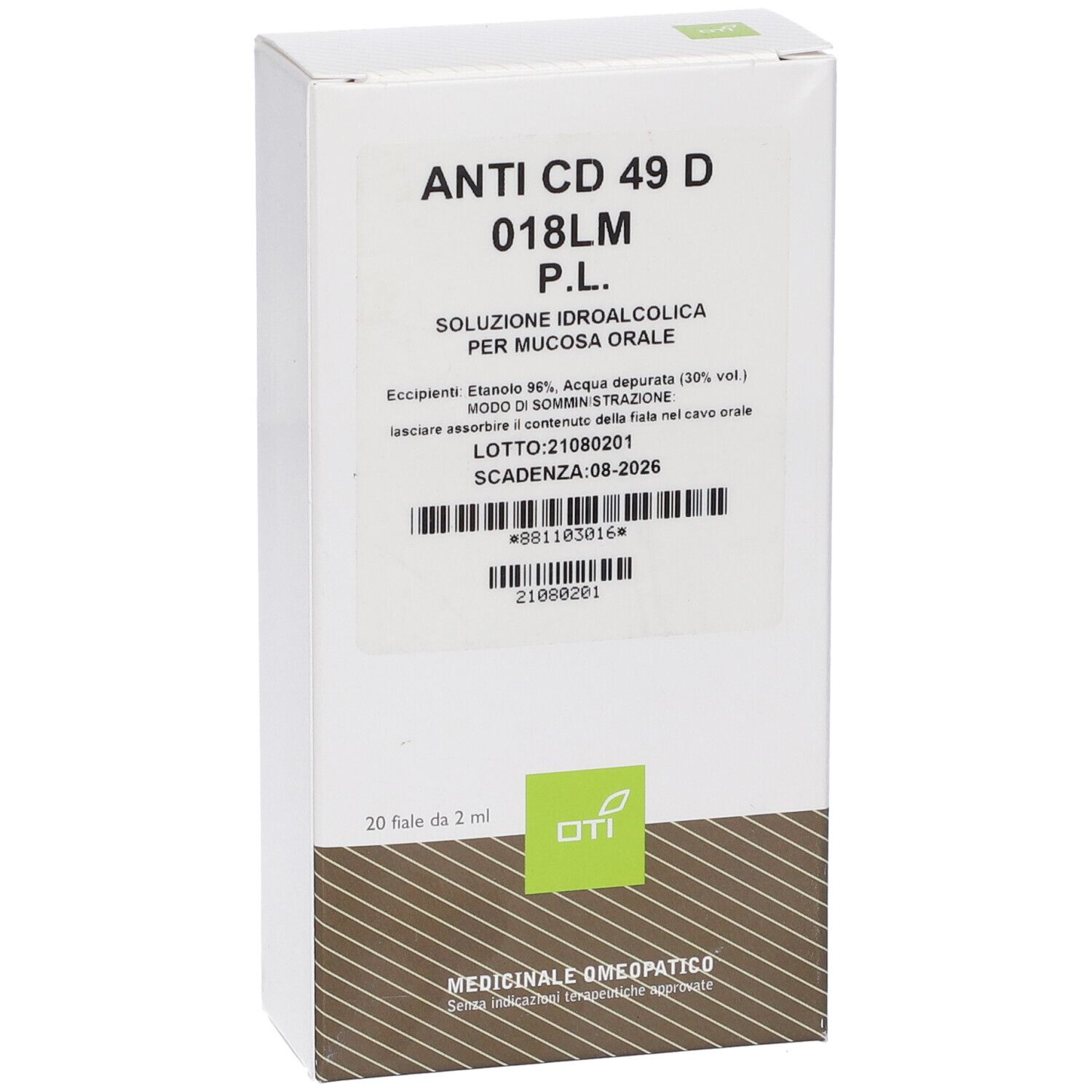 Scatola bianca con informazioni prodotto. Testo: Anti CD 49 D 018LM P.L. Soluzione per mucosa orale. 20 fiale.