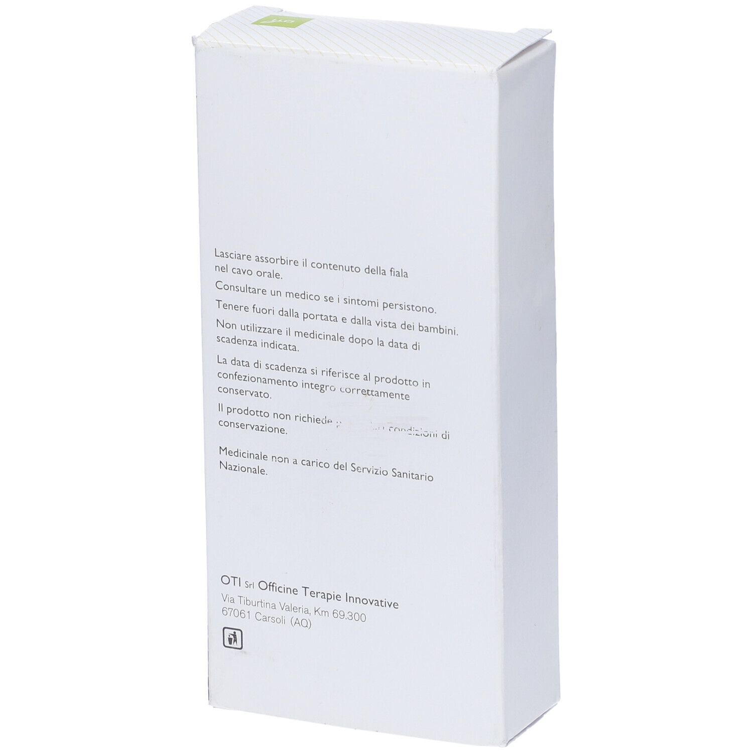 Retro della scatola bianca con testo. Logo OTI. Medicinale. Avvertenze.