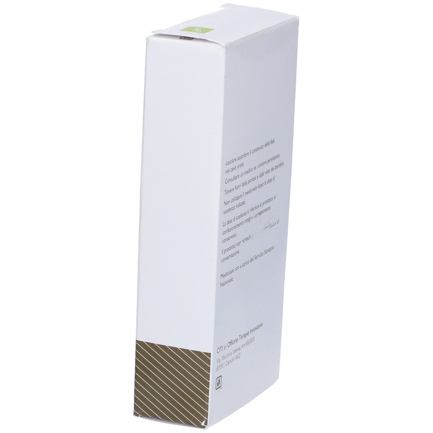 Scatola bianca inclinata con testo. Logo OTI. Medicinale. Avvertenze.