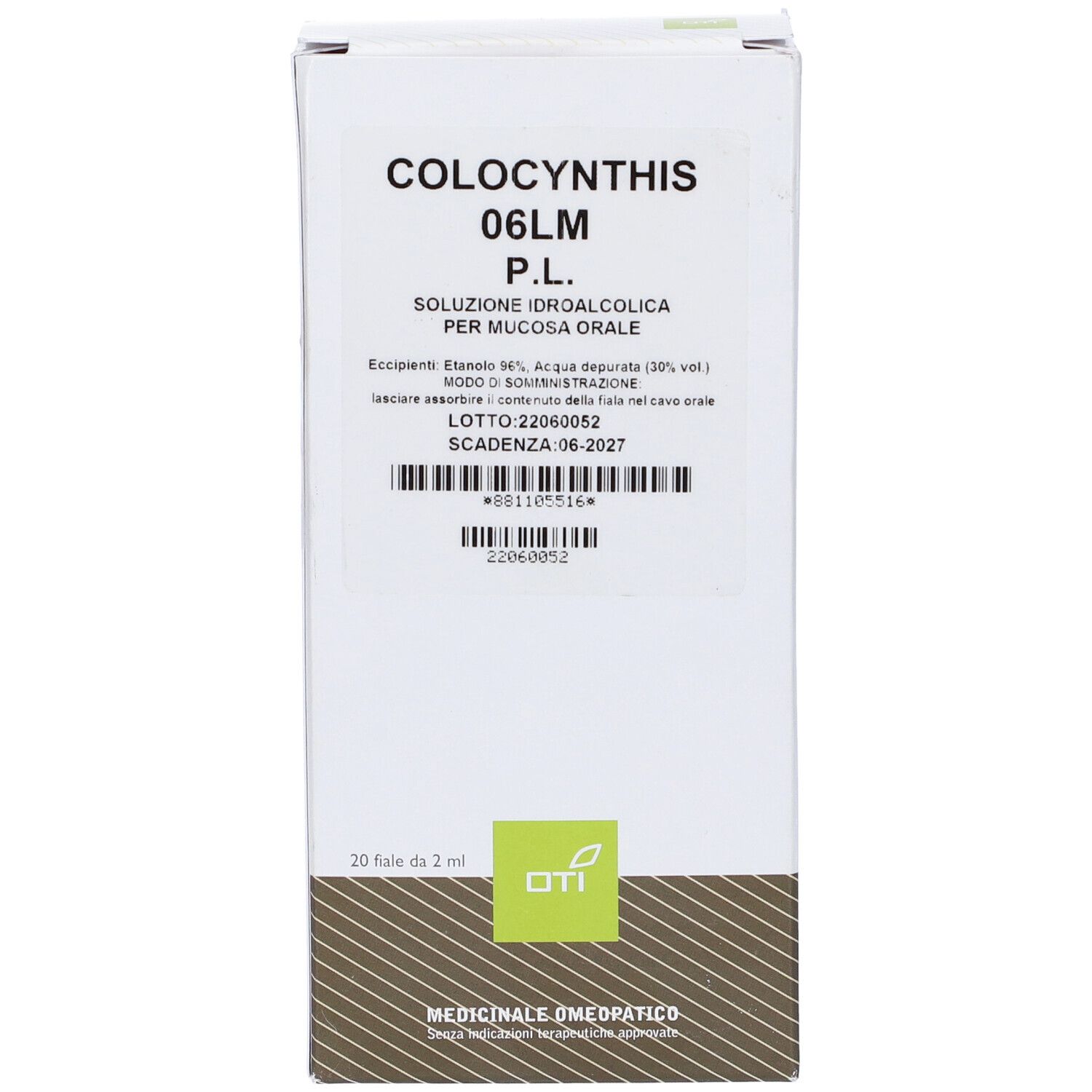 Scatola bianca con testo: Colocynthis 06LM P.L. Soluzione. 20 fiale. Logo OTI. Medicinale.