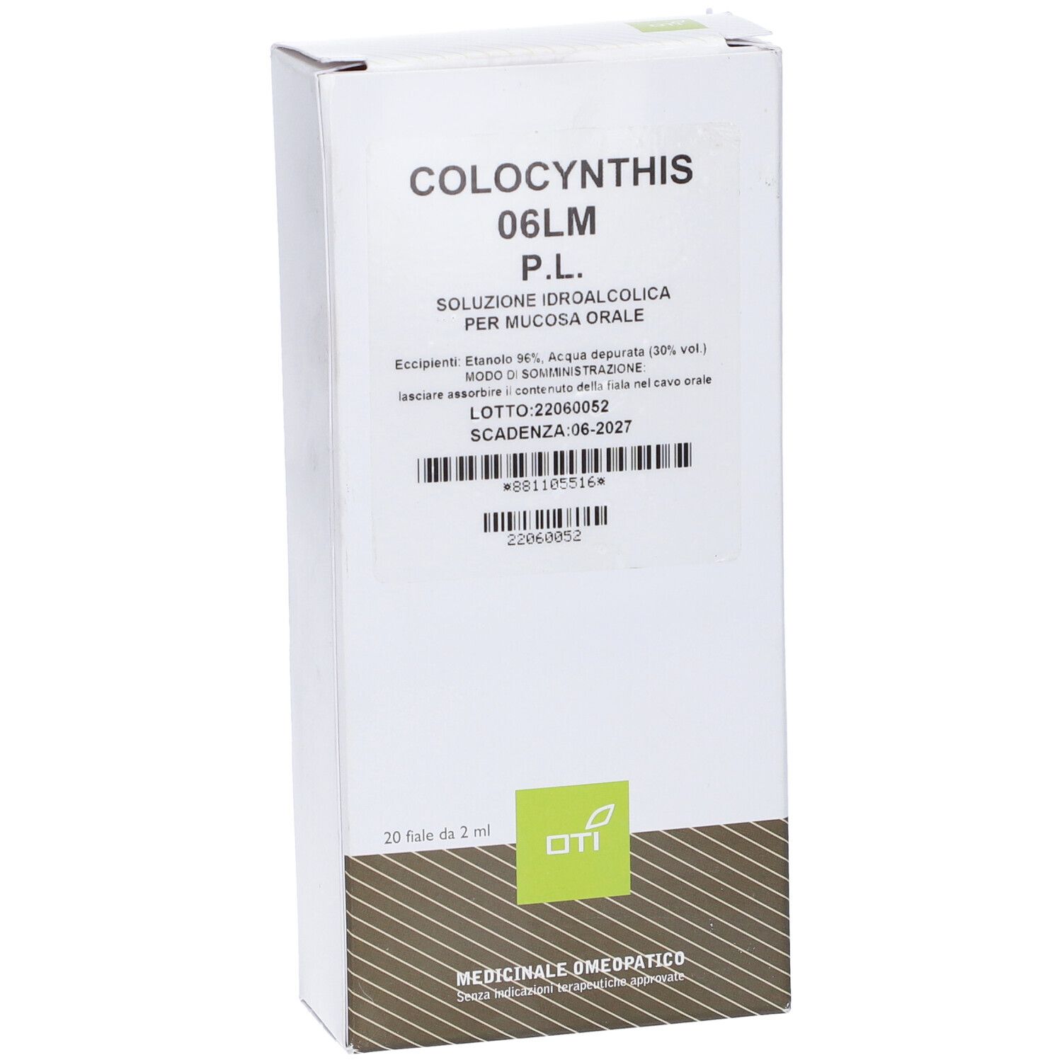 Scatola bianca con testo: Colocynthis 06LM P.L. Soluzione. 20 fiale. Logo OTI. Medicinale.