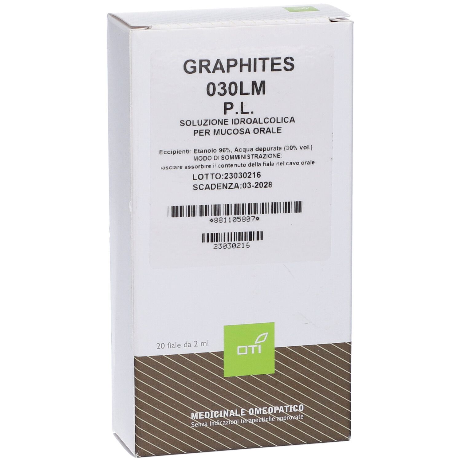 Scatola bianca con scritta GRAPHITES 030LM P.L. 20 fiale. Logo OTI in basso. Testo in italiano.