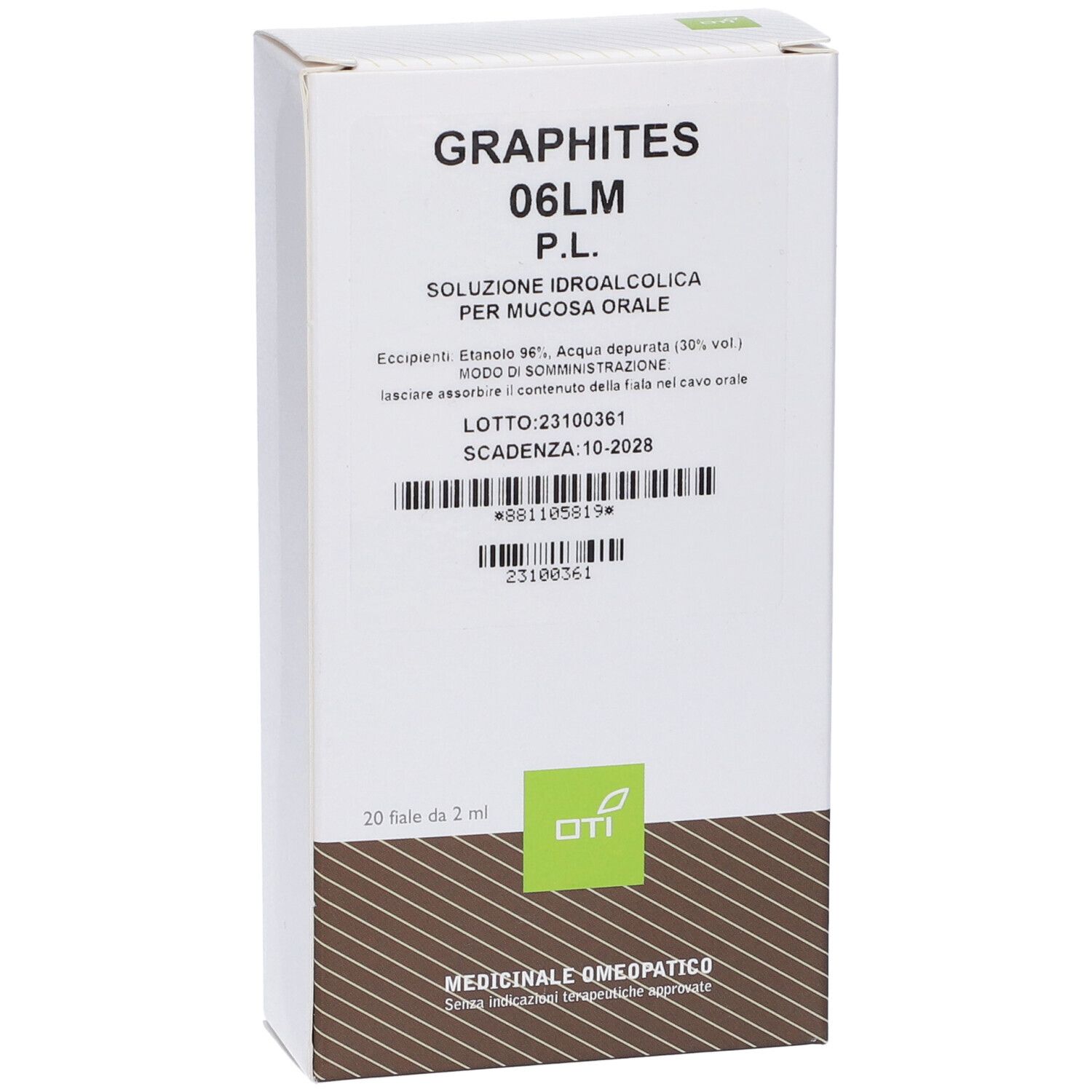 Scatola bianca con testo: Graphites 06LM P.L. 20 fiale. Logo OTI. Codice a barre e data di scadenza.