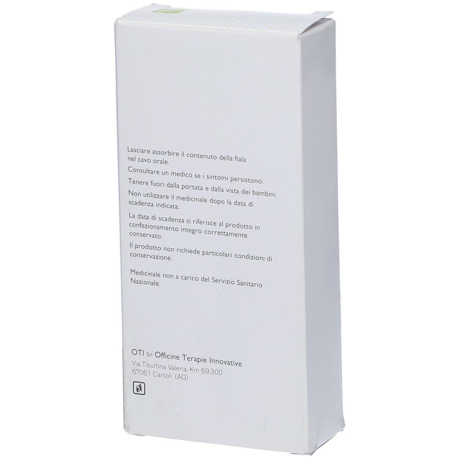 Scatola bianca, retro. Testo: Istruzioni per l'uso, logo OTI. Medicinale omeopatico. Forma squadrata.