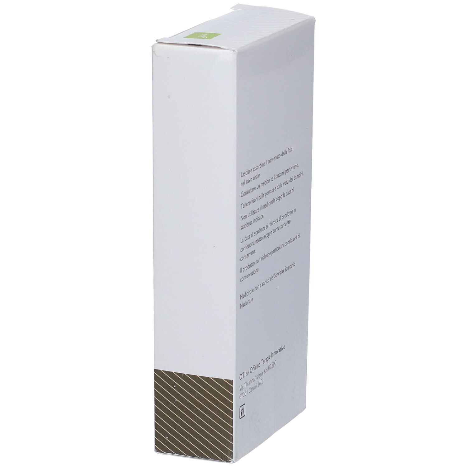 Scatola bianca, vista laterale. Testo: Istruzioni per l'uso, logo OTI. Medicinale omeopatico. Forma squadrata.