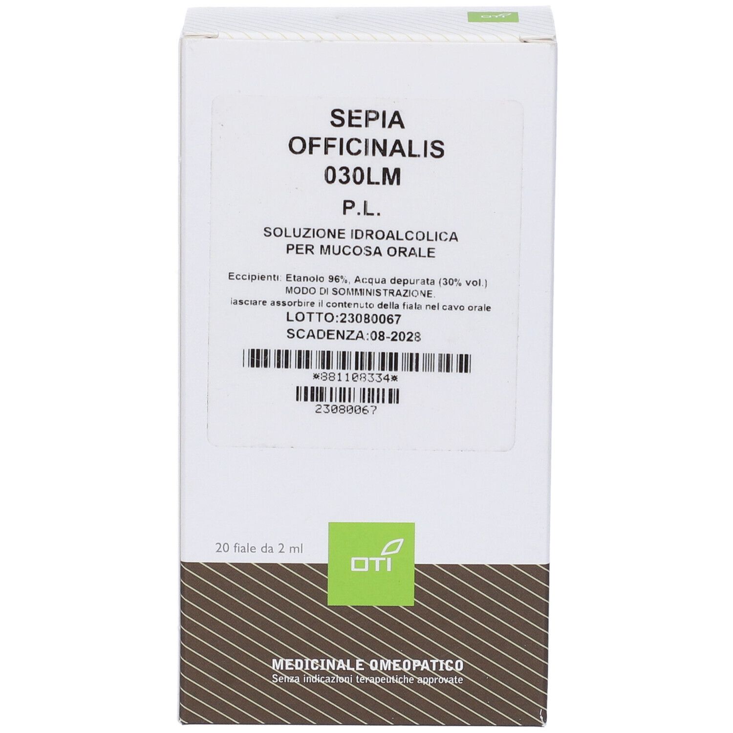 Scatola bianca con informazioni sul prodotto. Scritto: Sepia Officinalis 030LM P.L. Soluzione per mucosa orale. 20 fiale.