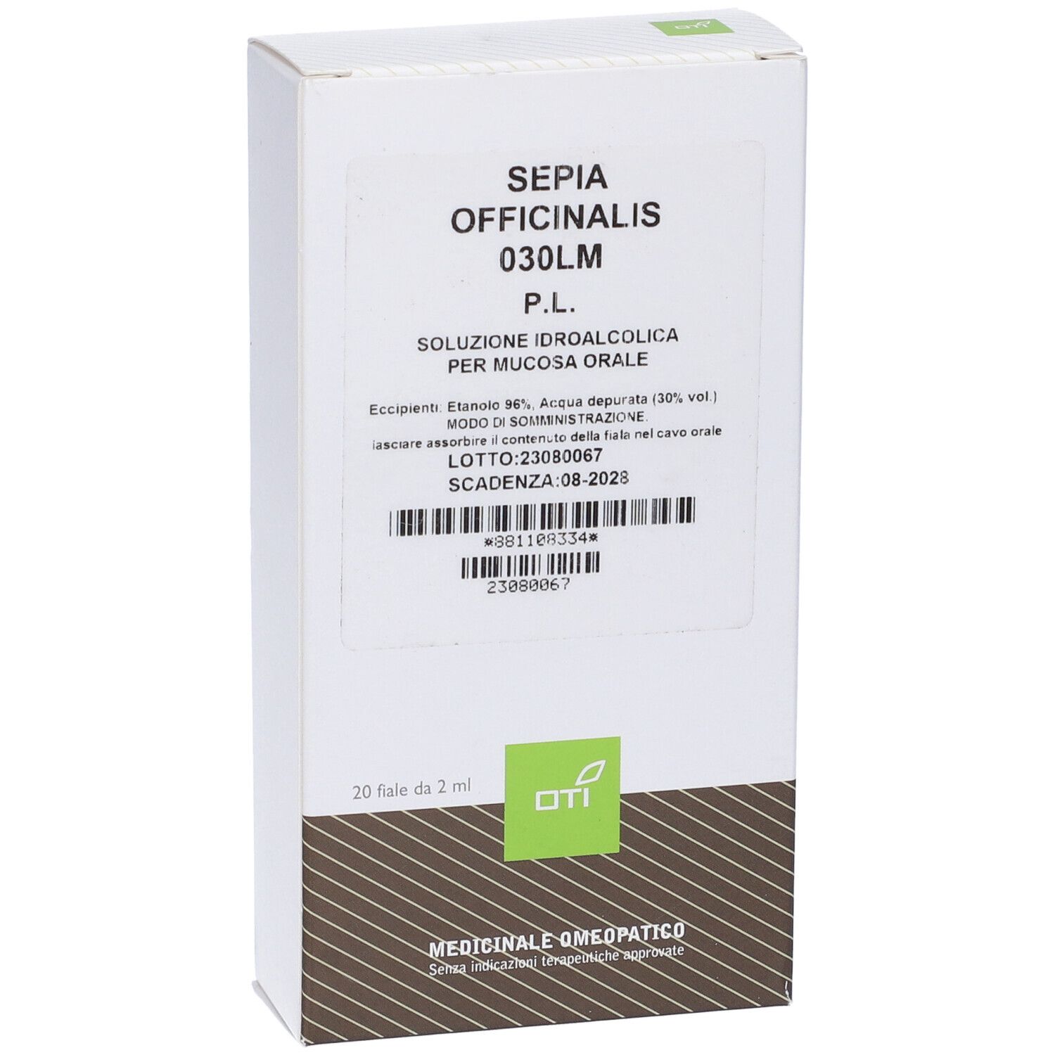 Scatola bianca con informazioni sul prodotto. Scritto: Sepia Officinalis 030LM P.L. Soluzione per mucosa orale. 20 fiale.